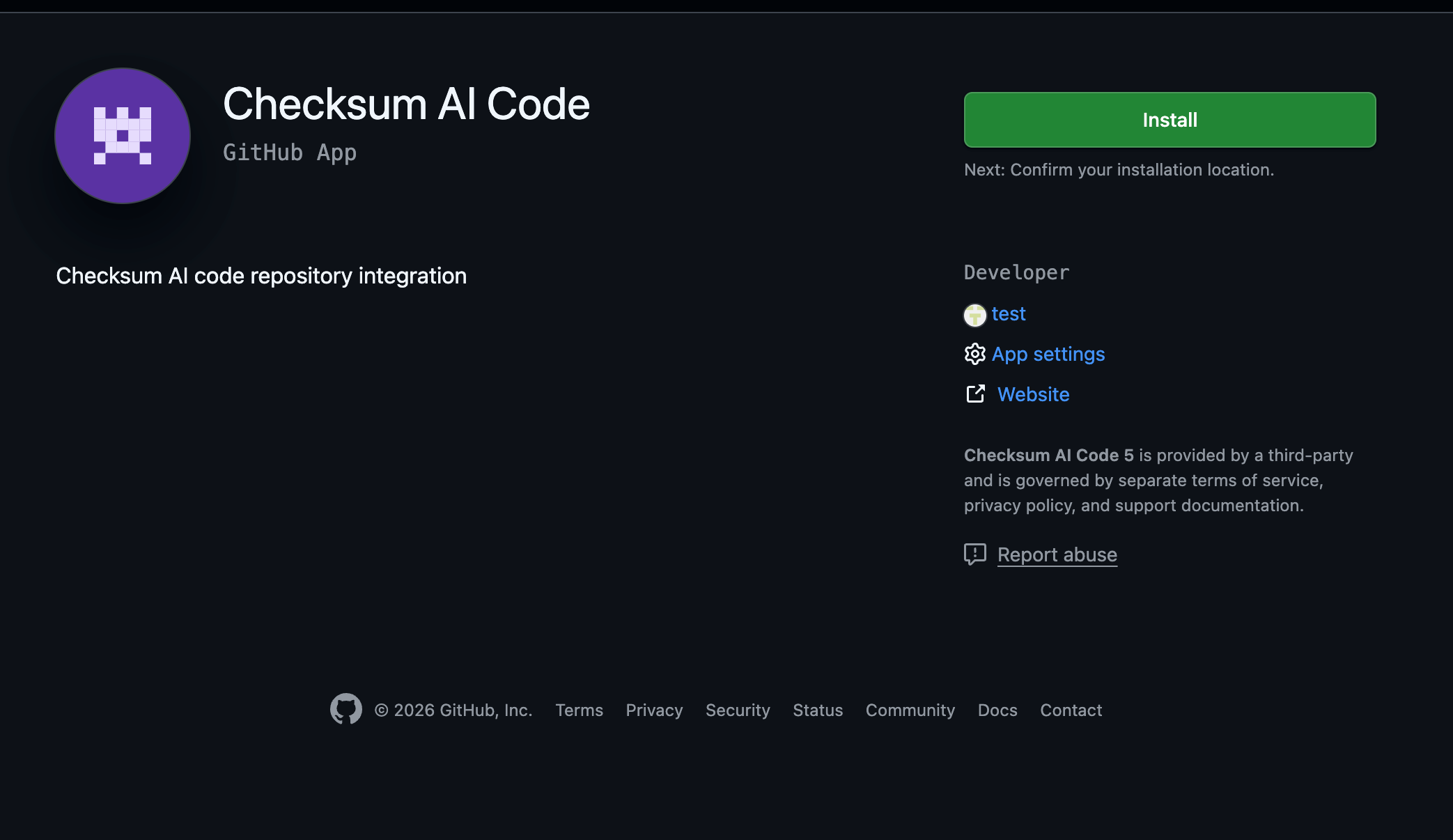 The Checksum app registered on your enterprise instance, ready to install