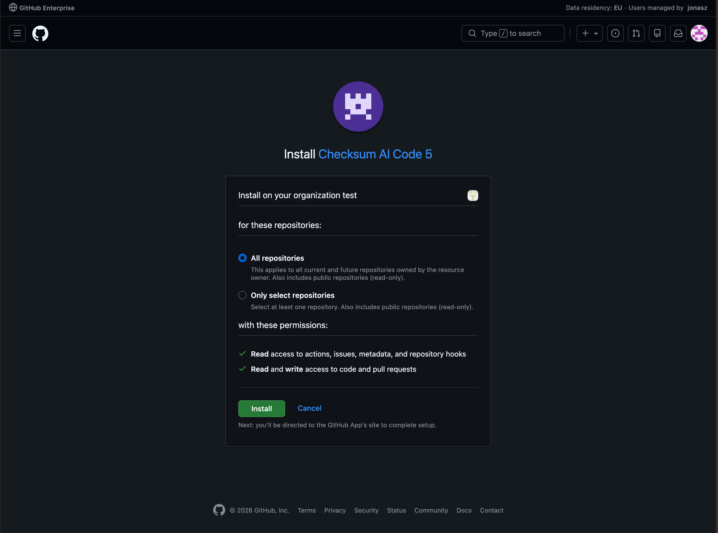 Installing the Checksum app and selecting repositories