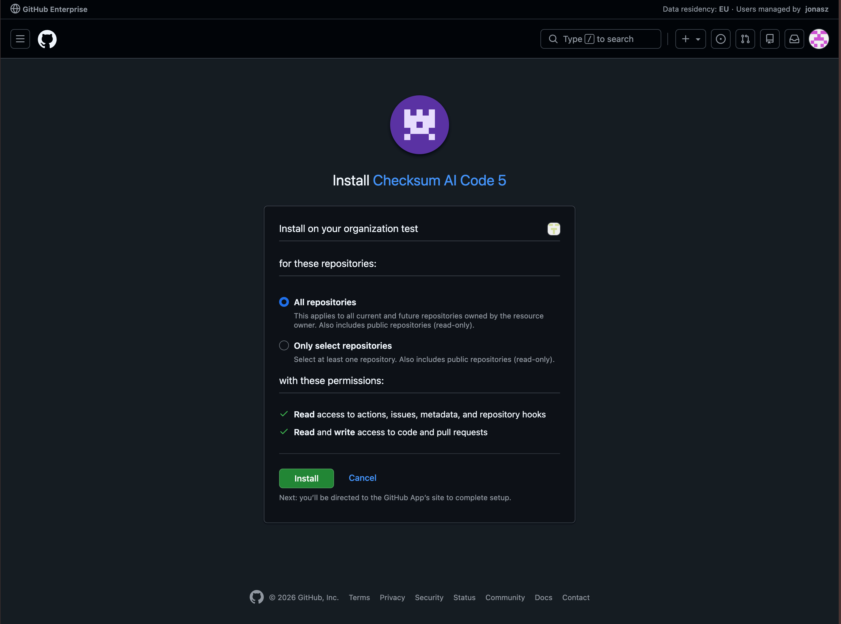 Installing the Checksum app and selecting repositories
