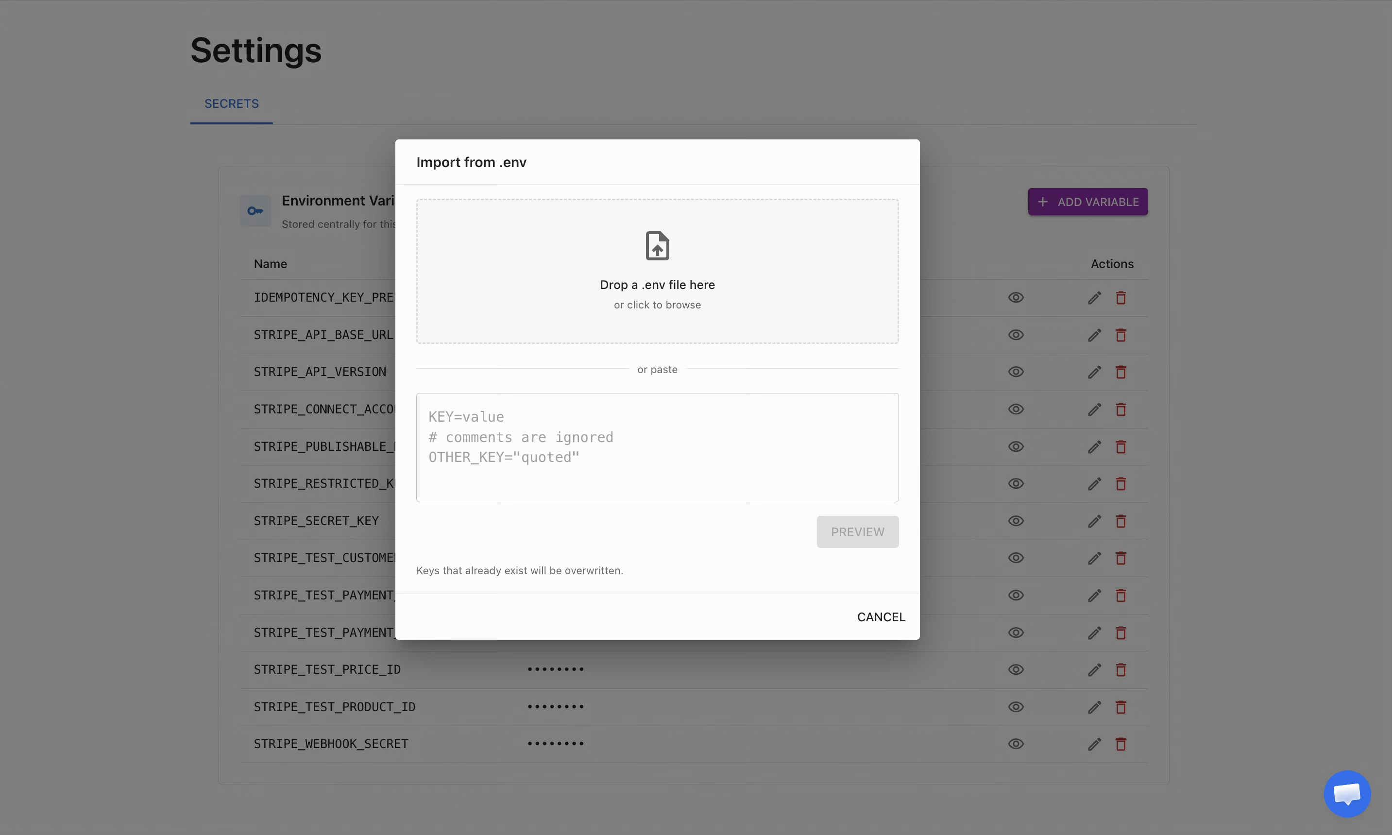 Import variables from a .env file