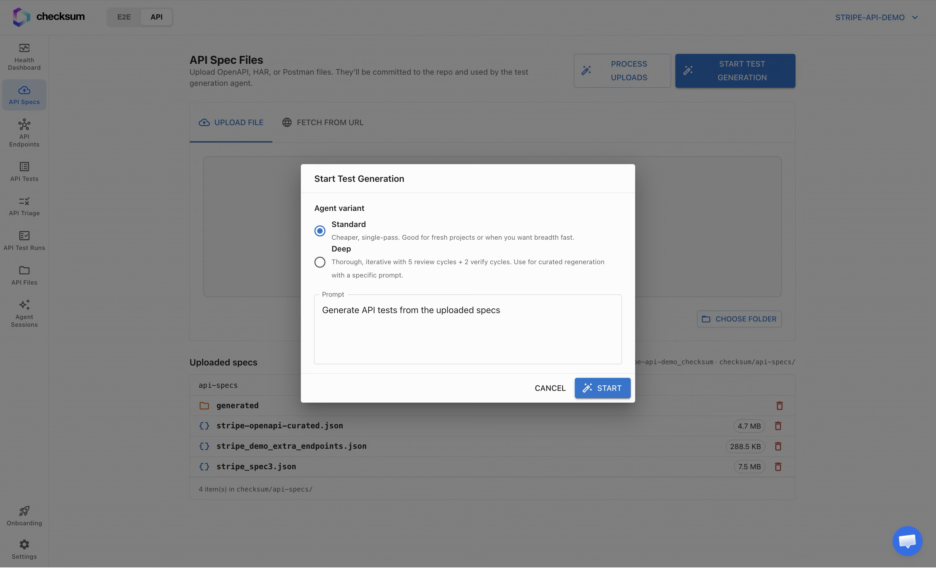Start Test Generation dialog with Standard and Deep modes