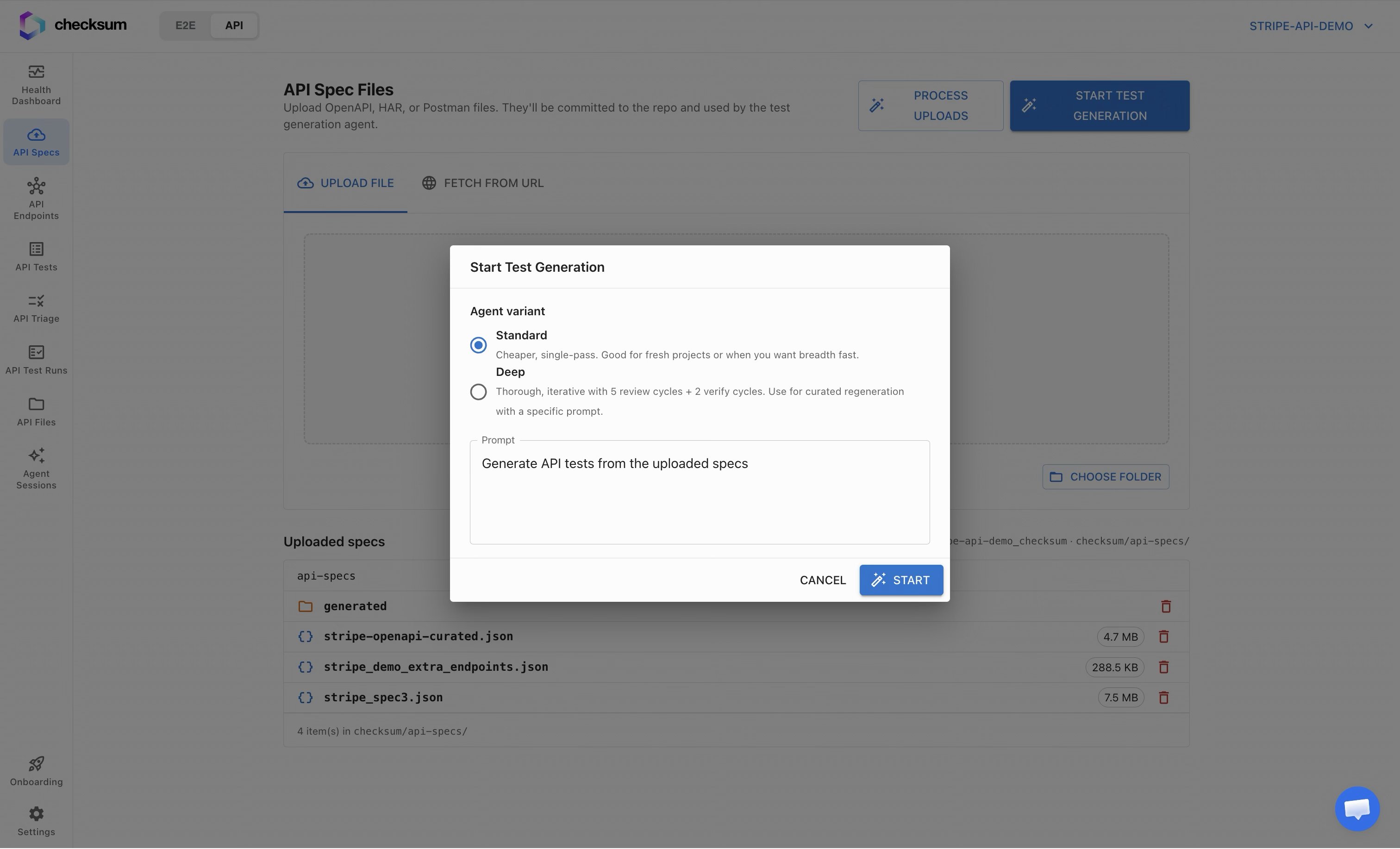 Start Test Generation dialog with Standard and Deep modes