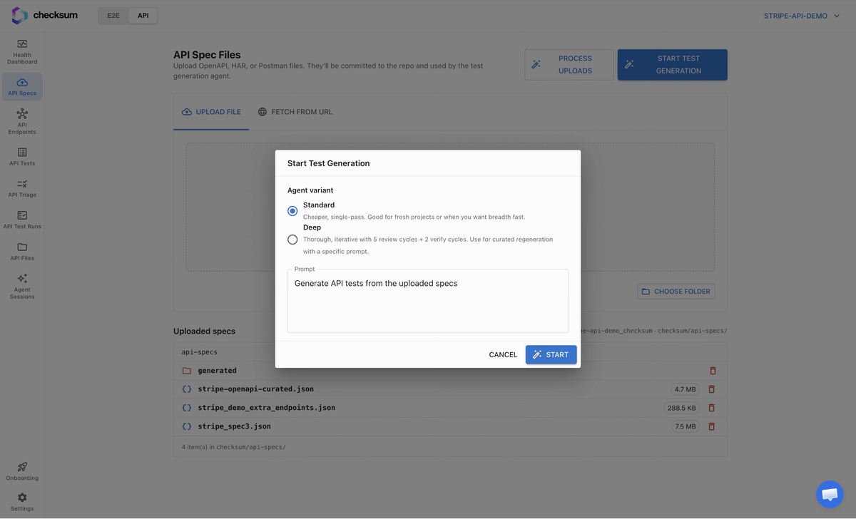 The API test generation lifecycle, from choosing a mode to a finished session