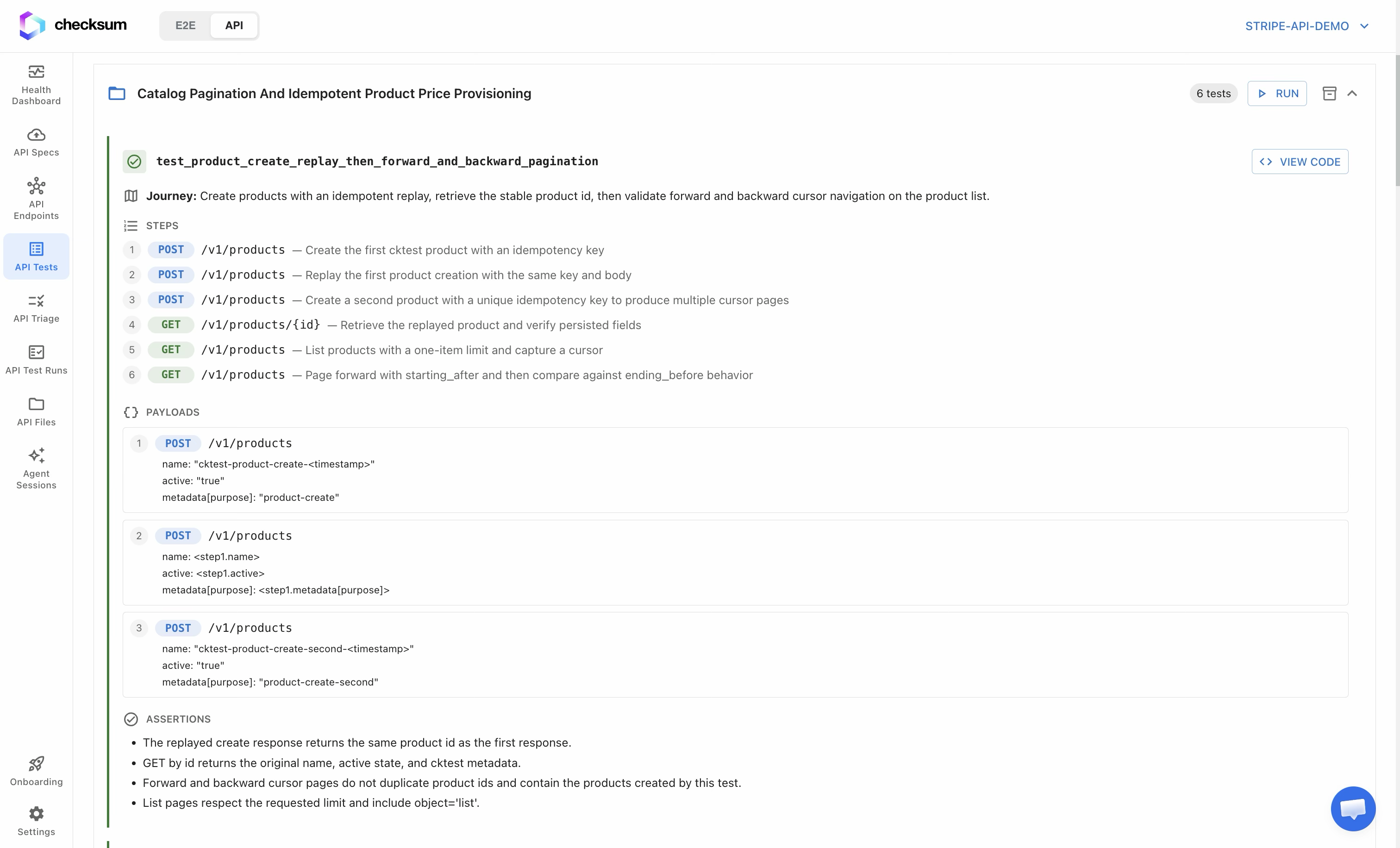 Test case card showing journey, payloads, assertions, and steps