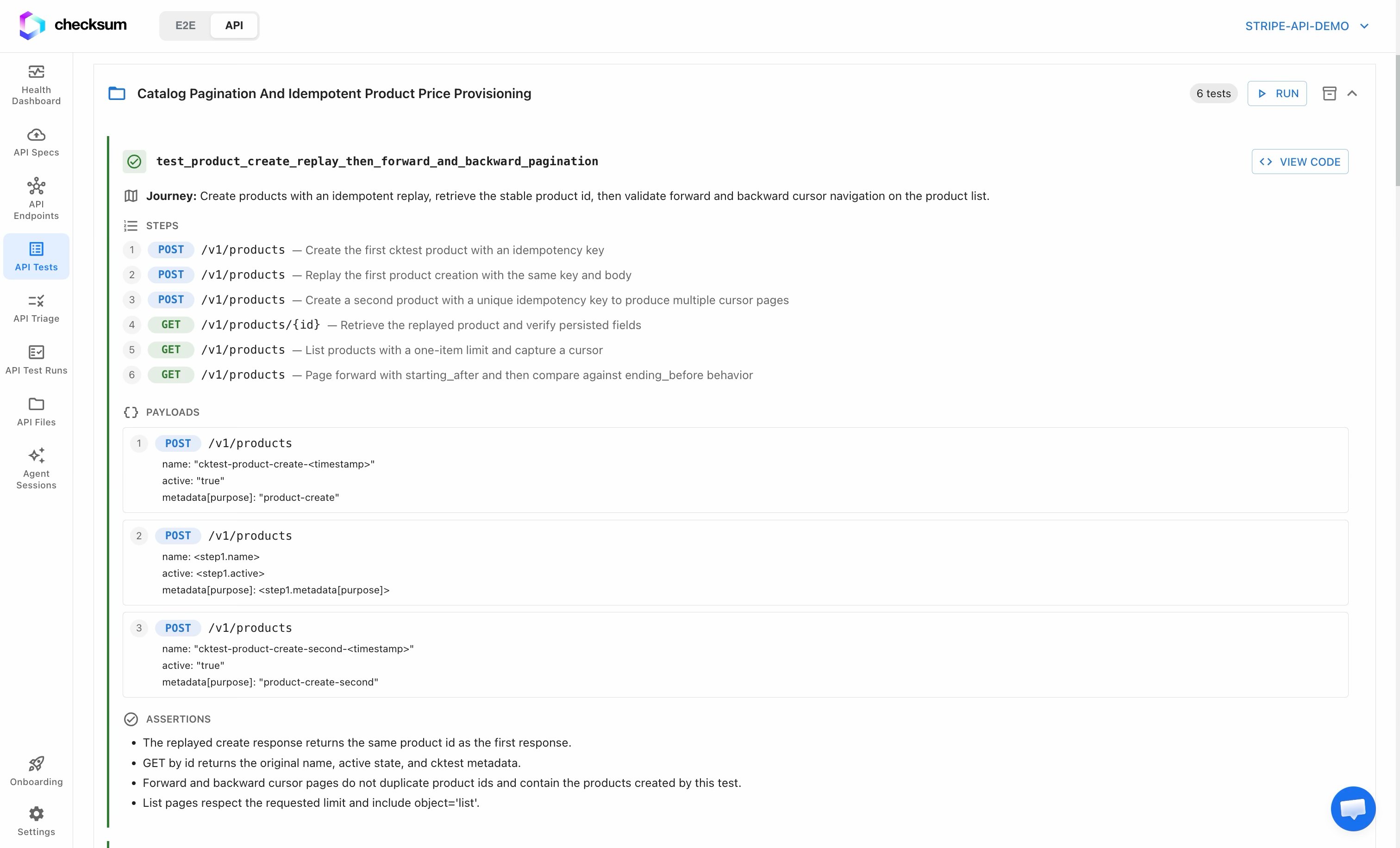 Test case card showing journey, payloads, assertions, and steps