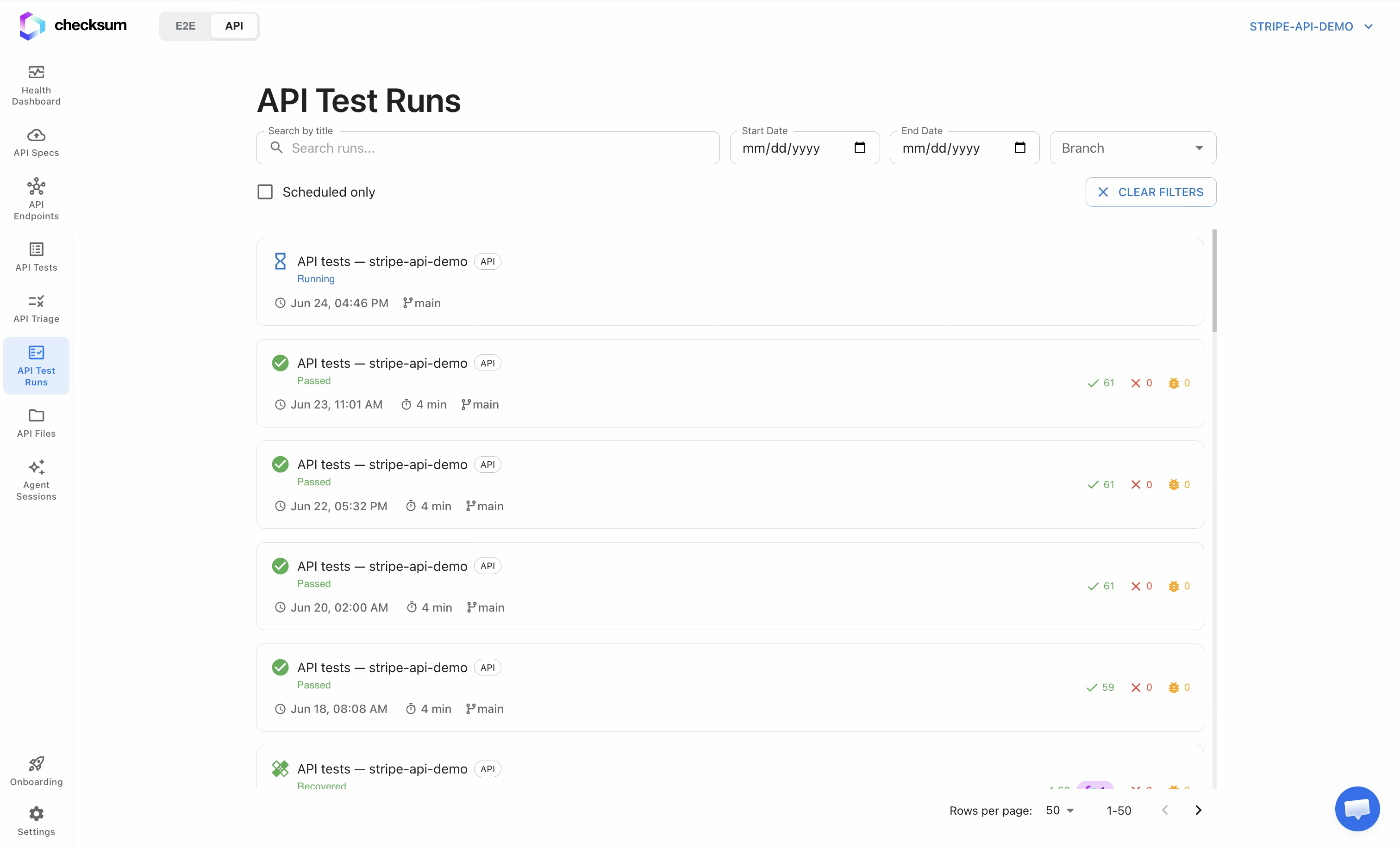 API Test Runs page