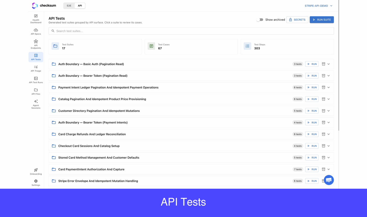 Guided tour of the API Tests page: the stat tiles, Run Suite, suite rows, and the archived toggle