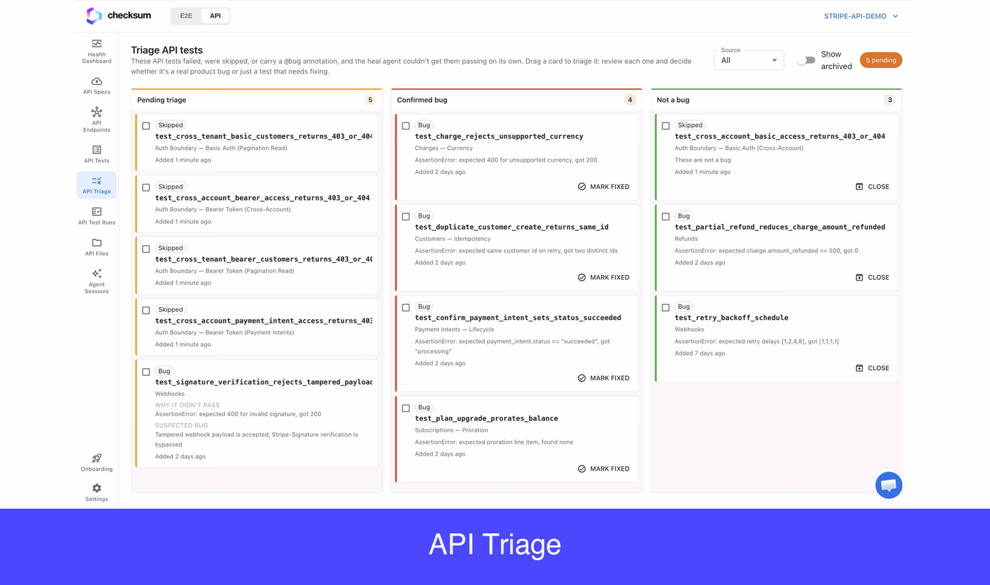 Guided tour of the API Triage board: the three columns, the Source filter, and a card's suspected bug