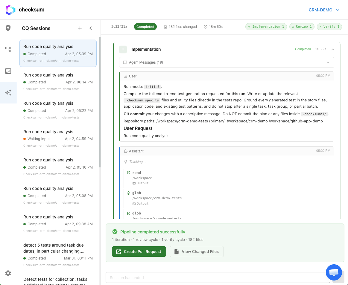 Agent Sessions list in the web app
