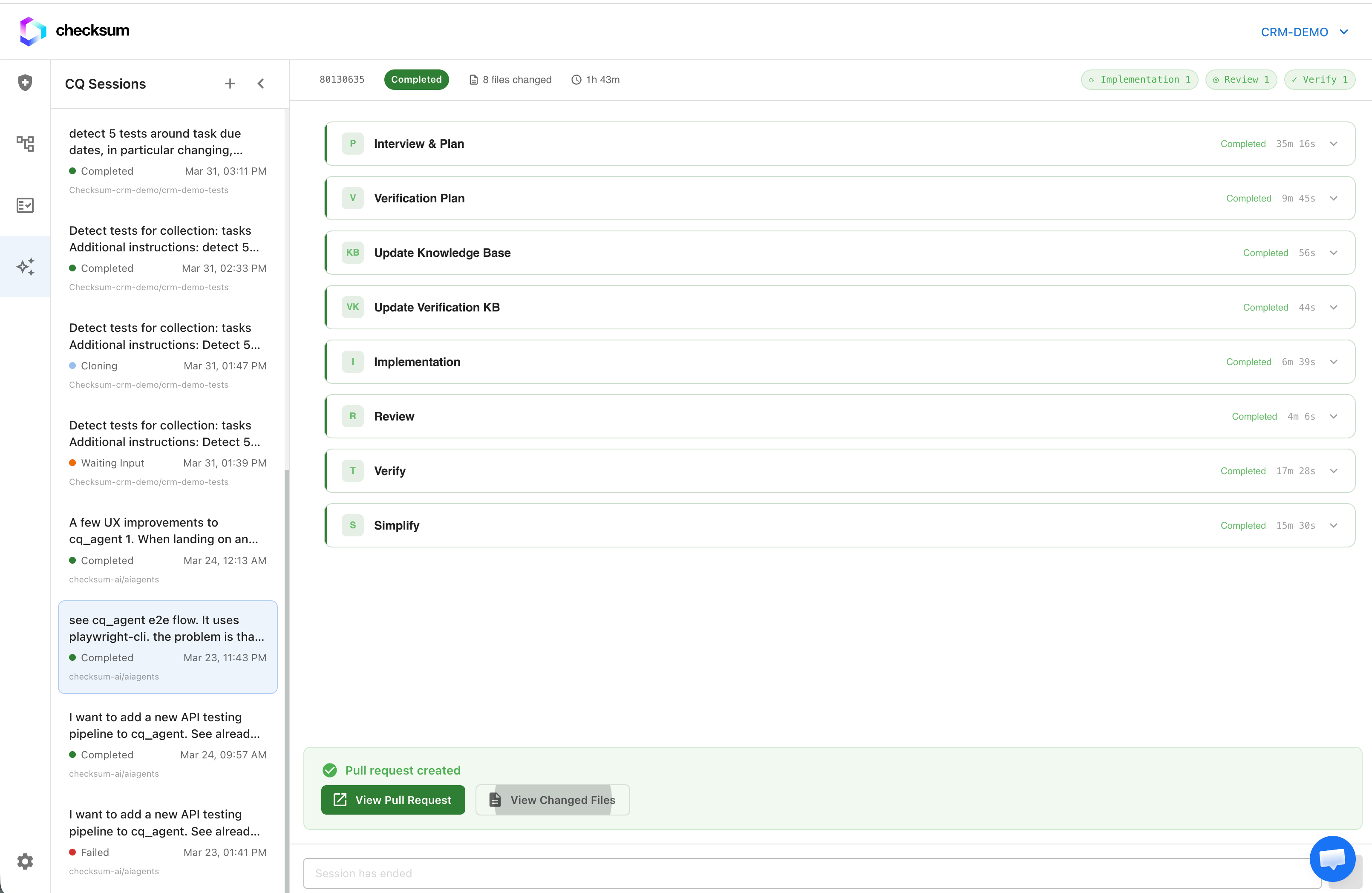 A completed agent session showing pipeline stages and results