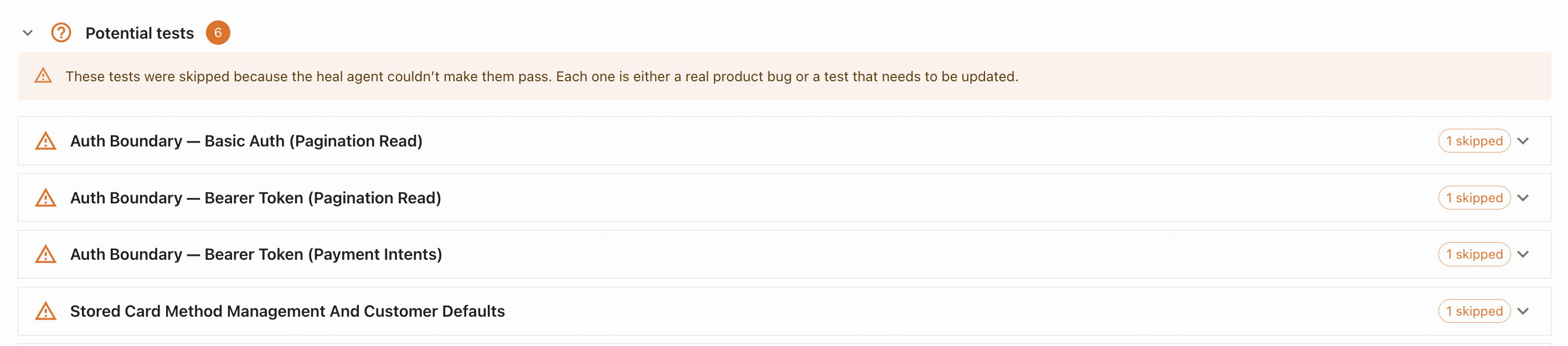 The Potential tests section listing skipped cases