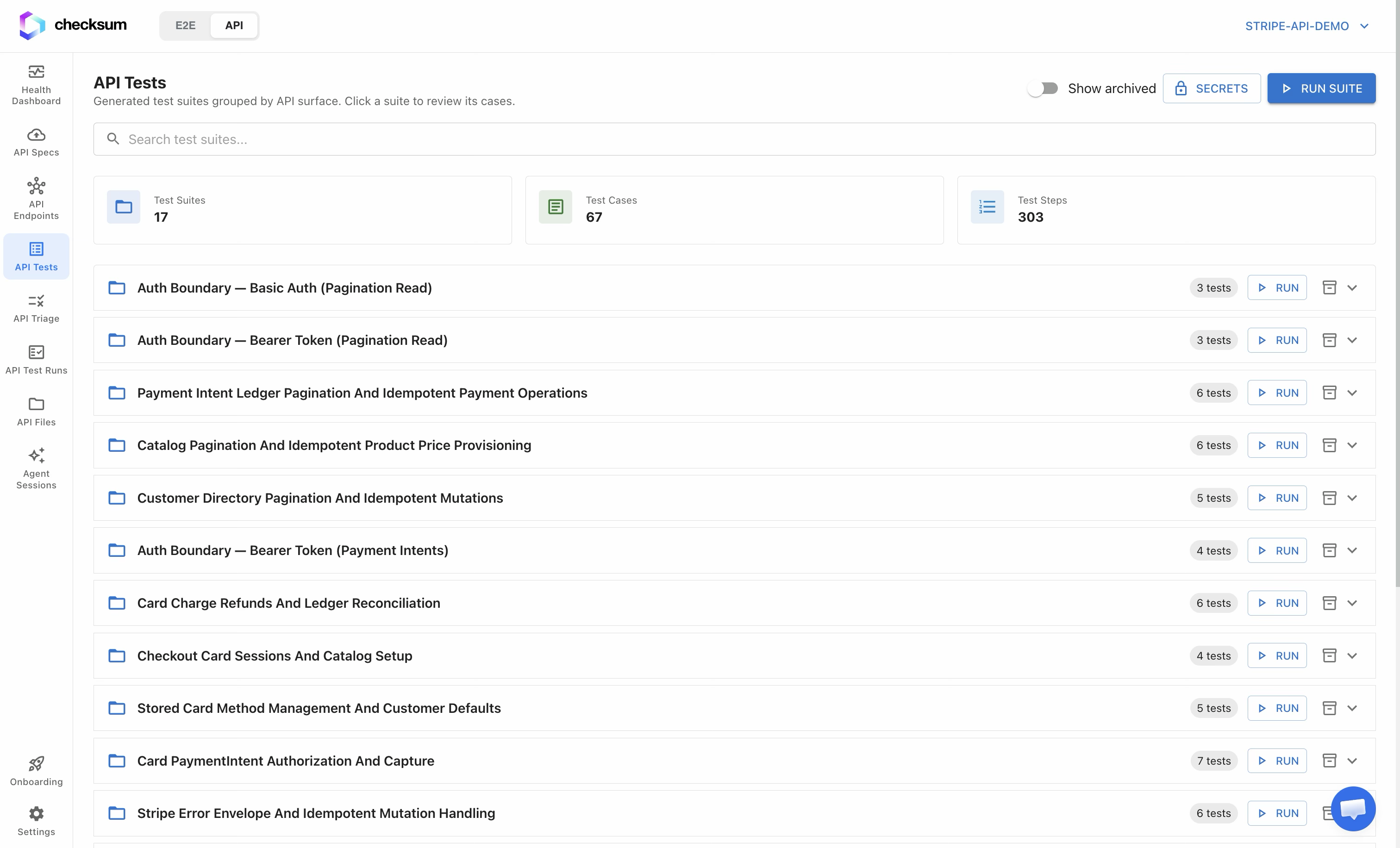 The API Tests page listing your generated suites