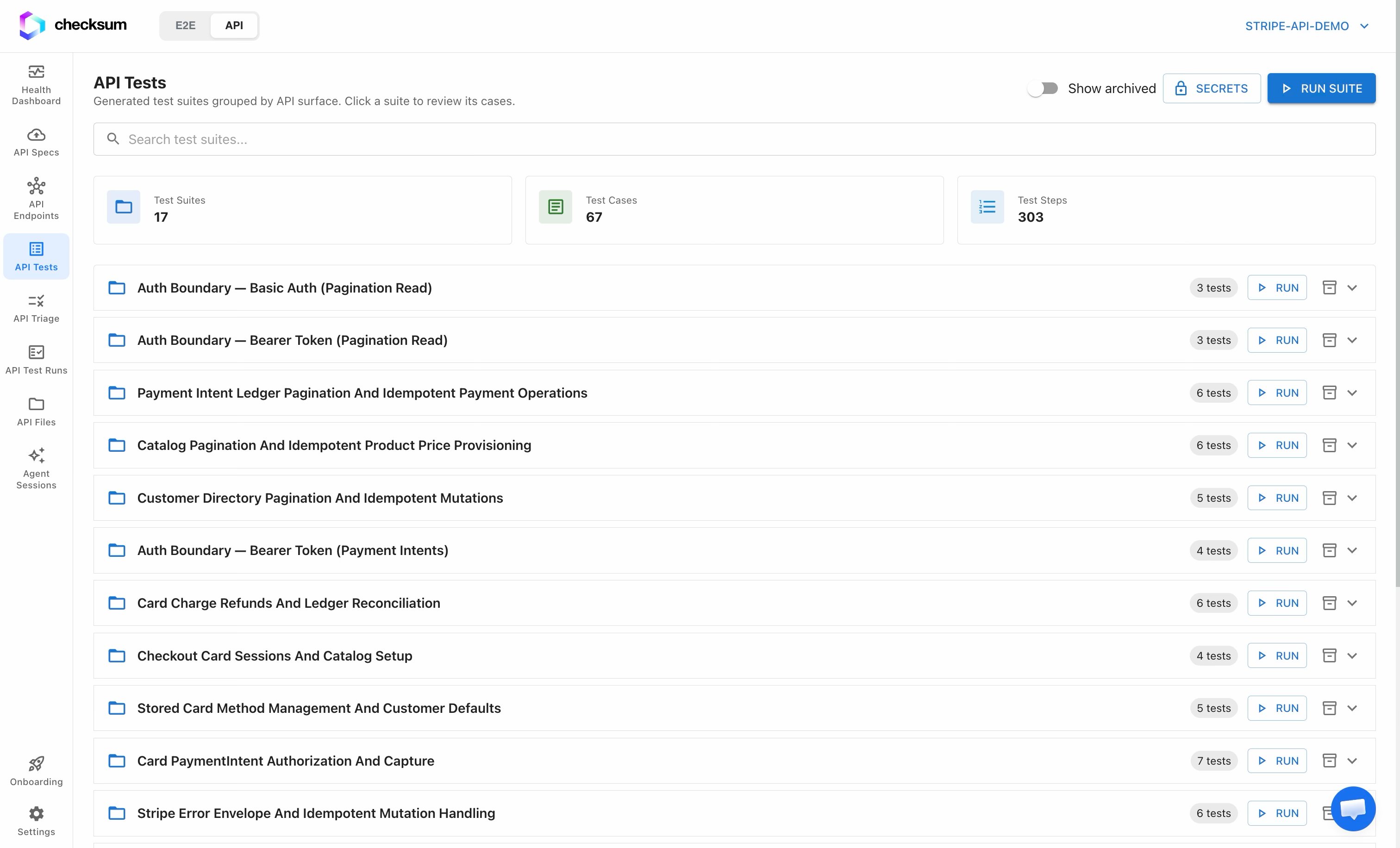 The API Tests page listing your generated suites