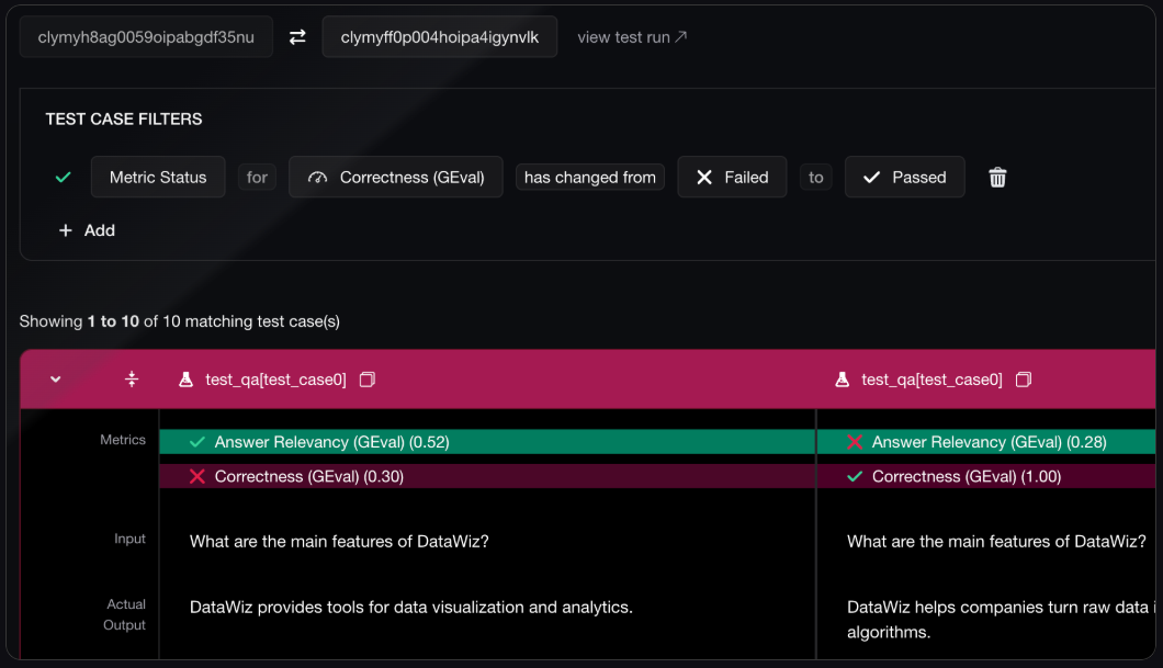 Test run details showing claim evaluation results