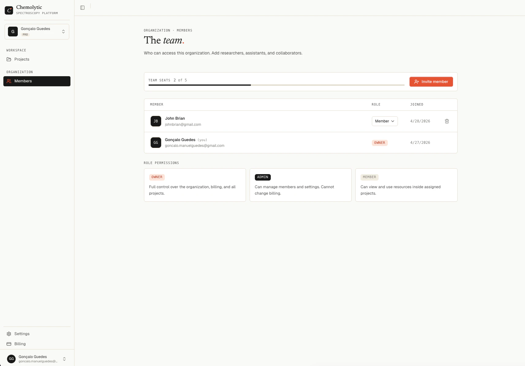 Members page showing a table with member names, roles, join dates, and a remove button
