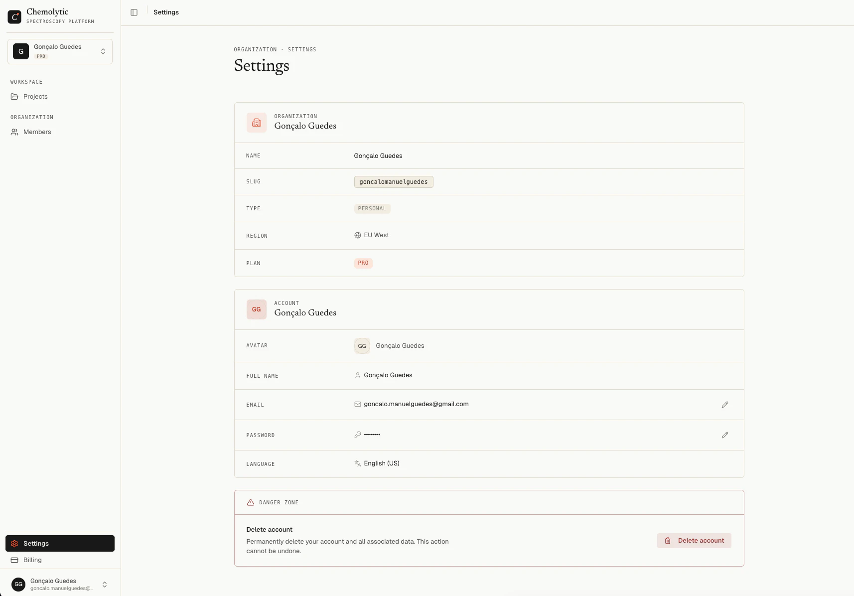 Settings page showing organization info, account section with email and password, and danger zone