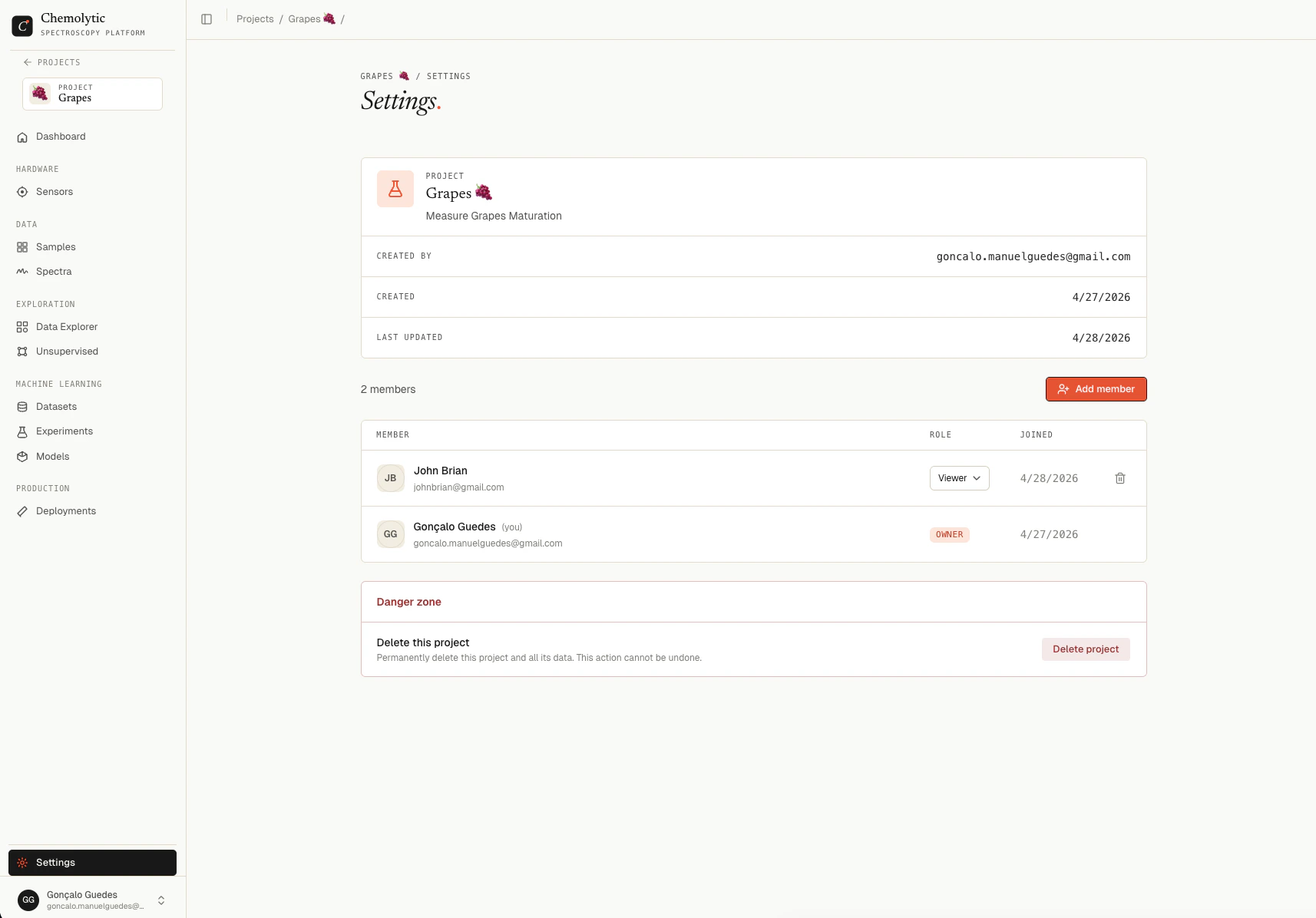 Project members page showing a table with member names and project roles