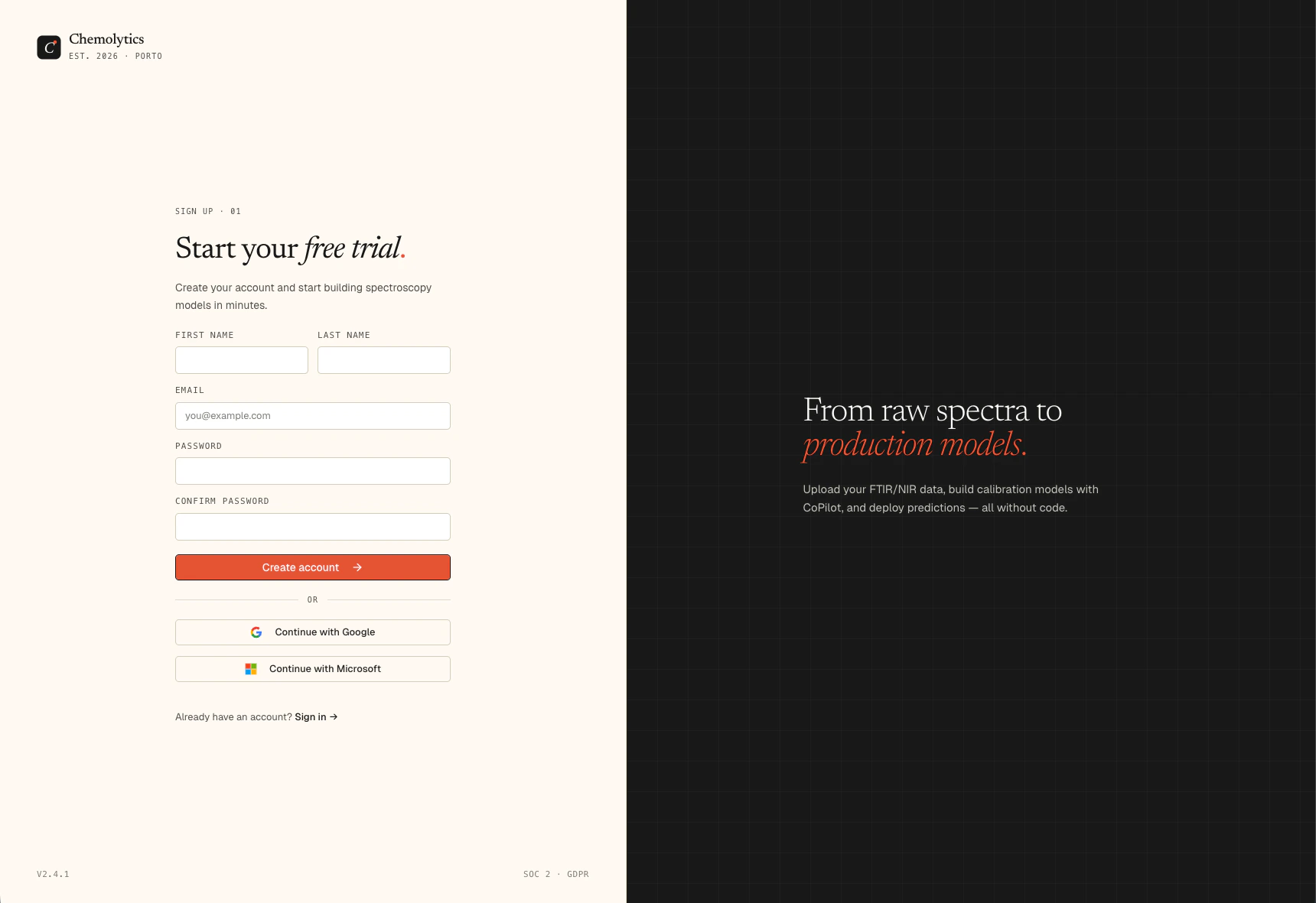 Sign up page with first name, last name, email, password, and confirm password fields