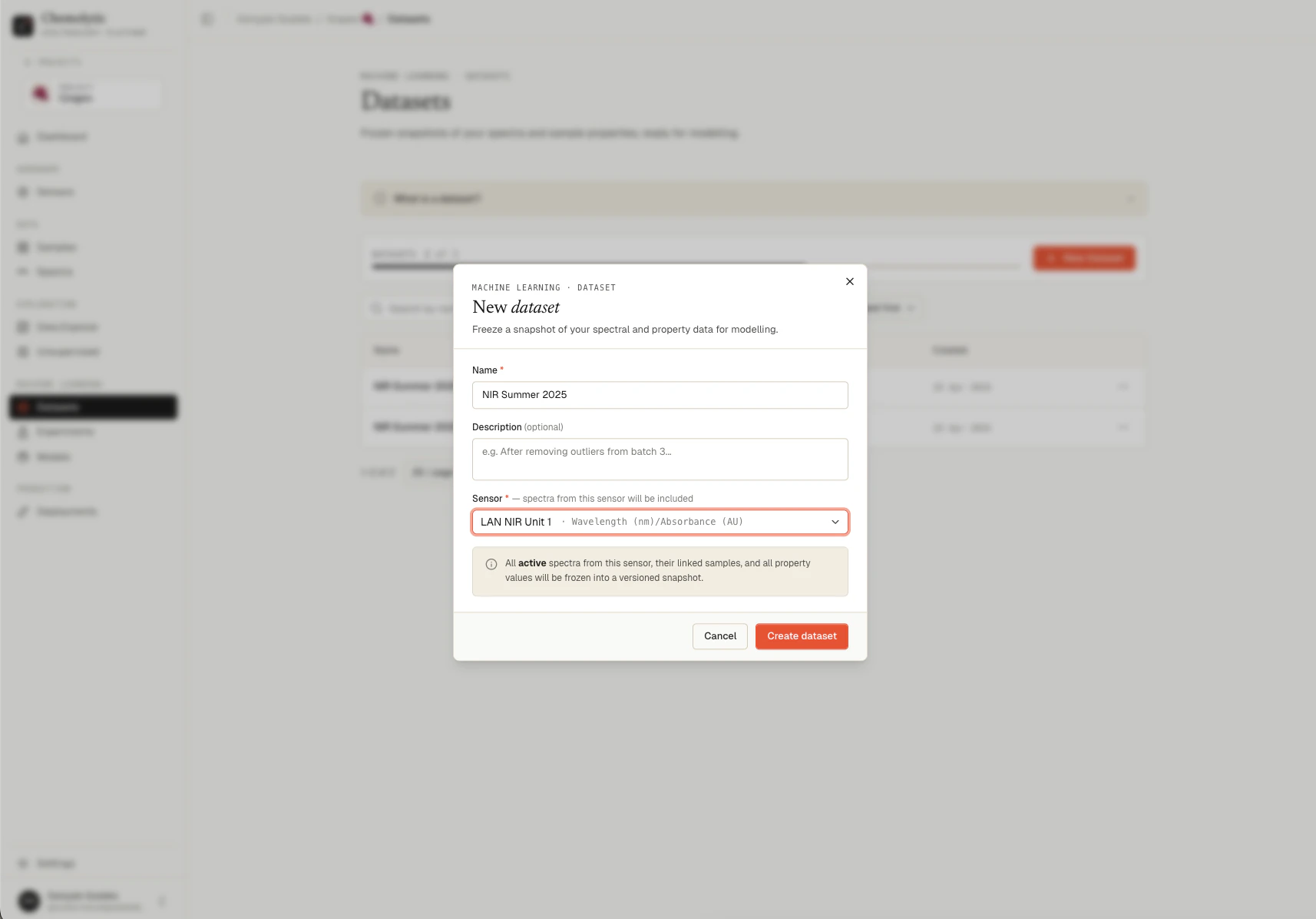 New dataset form with name, sensor selector, and description