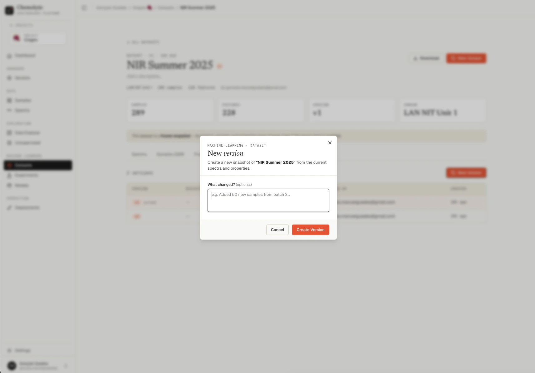New version dialog with a description field for explaining what changed