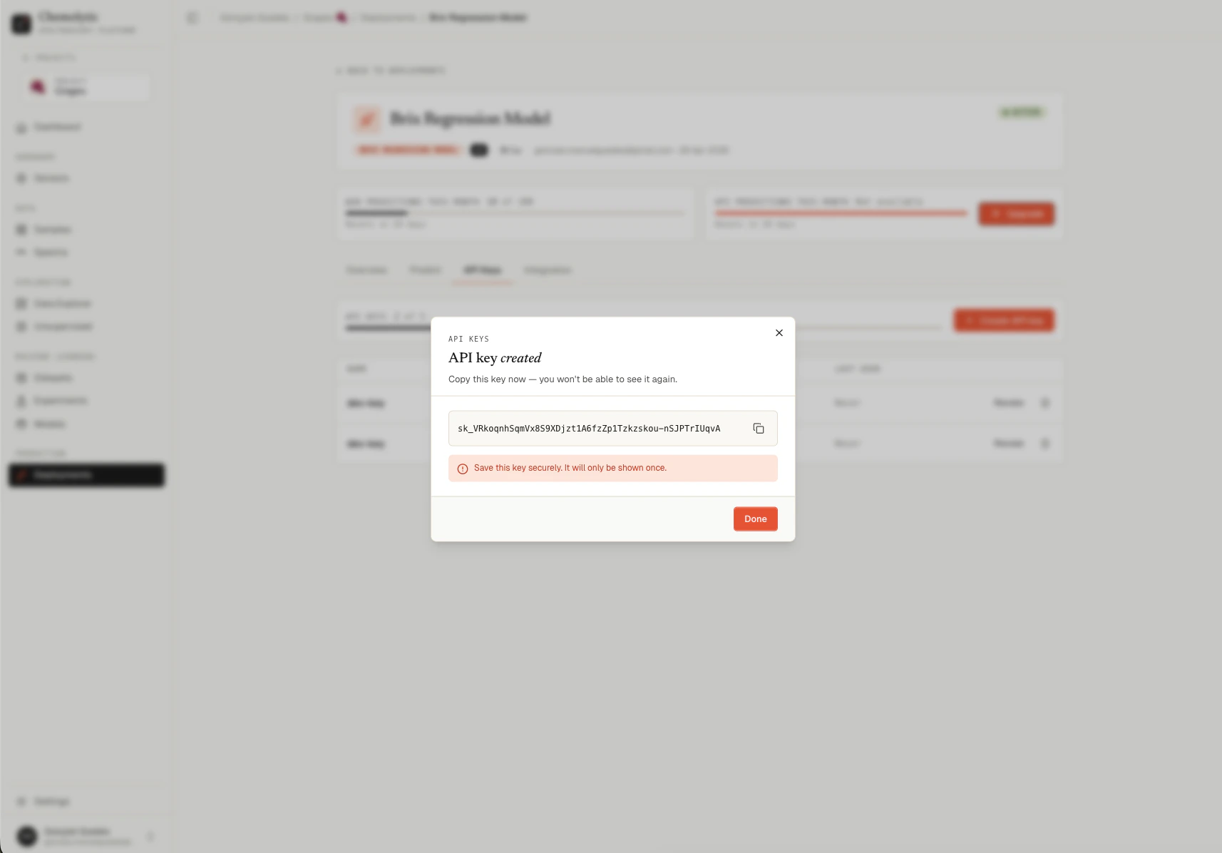 Modal showing a full API key in a code block with a copy button and a warning to save it securely
