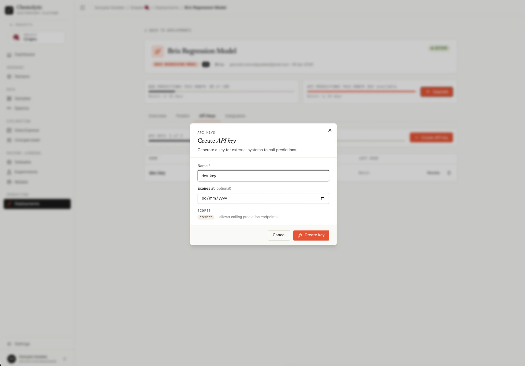 Create API key dialog with name and expiration date fields and a predict scope badge