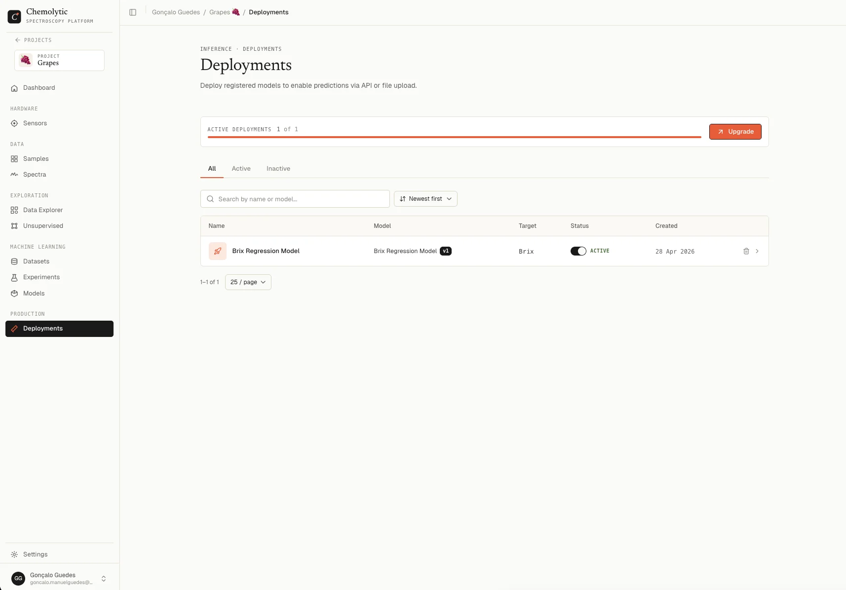 Deployment detail page showing active status and prediction interface