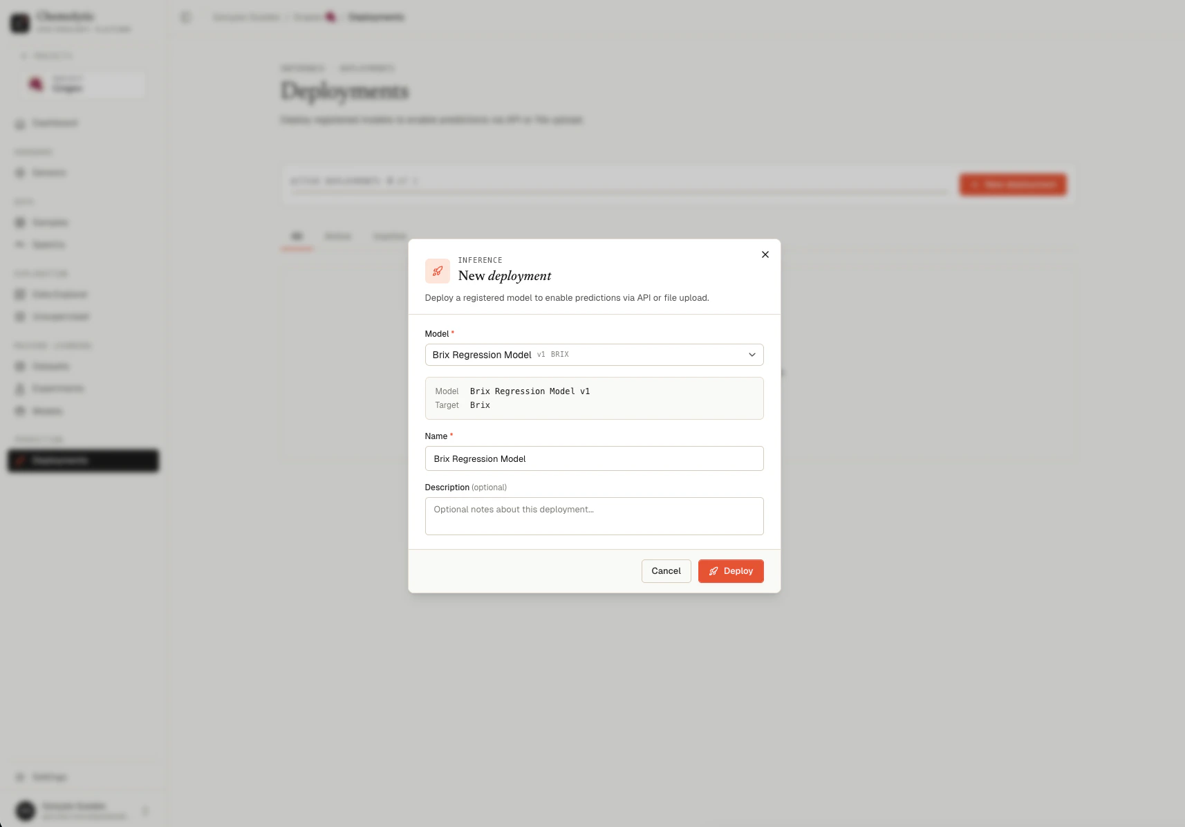 New deployment dialog showing model selector, name, and description fields