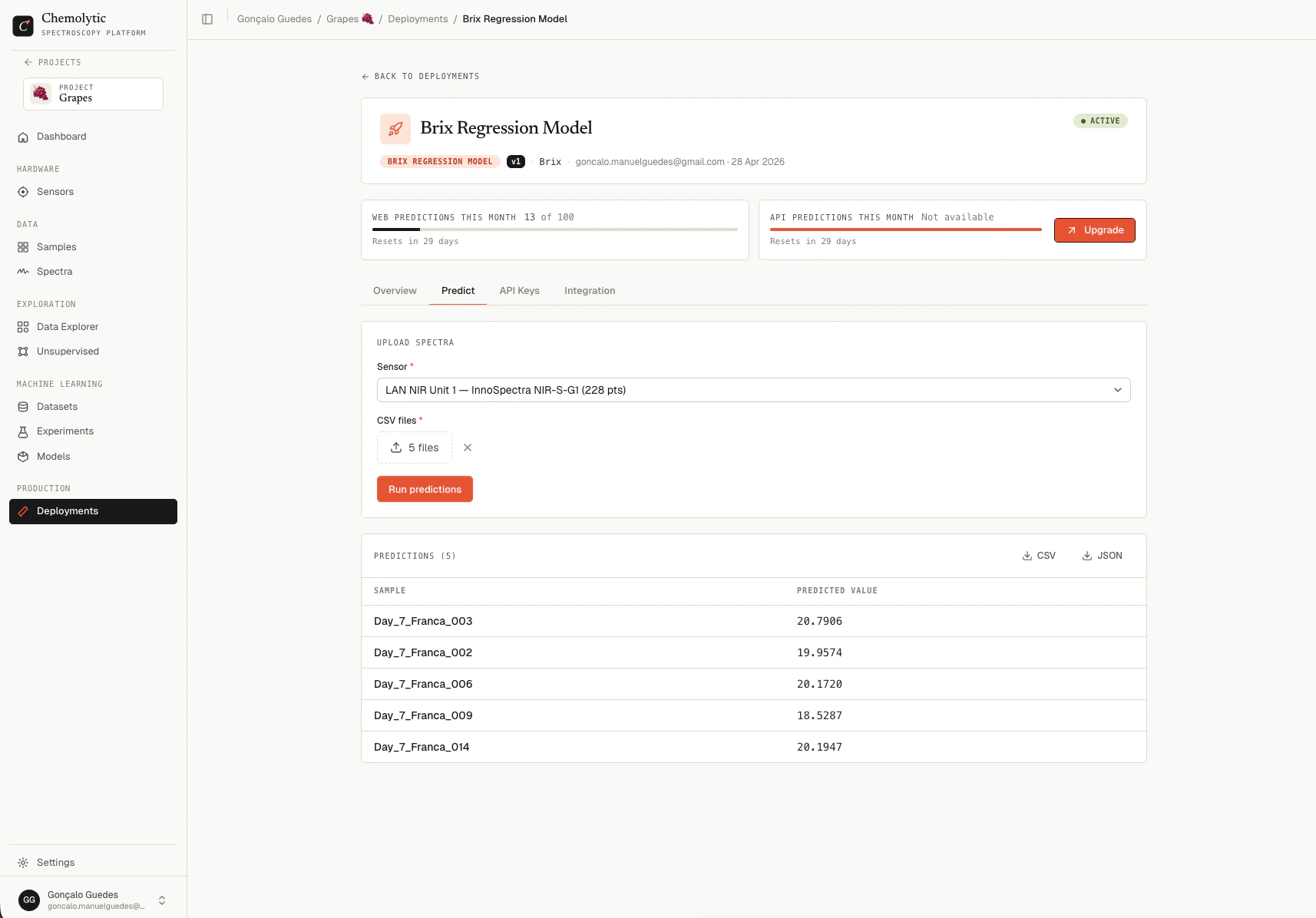 Predict tab showing sensor selector, file upload zone, and a results table with sample names and predicted values