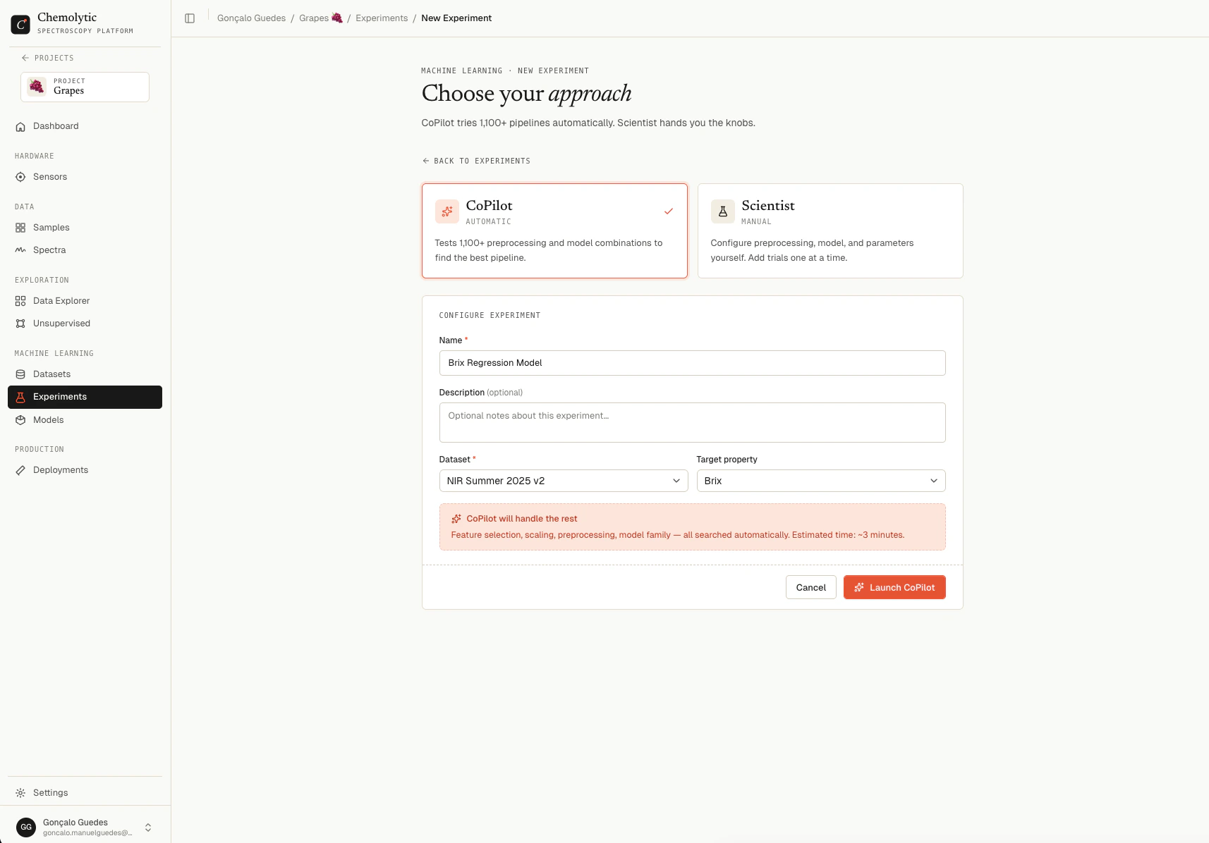 New experiment form showing CoPilot and Scientist mode cards, name, dataset, and target property fields