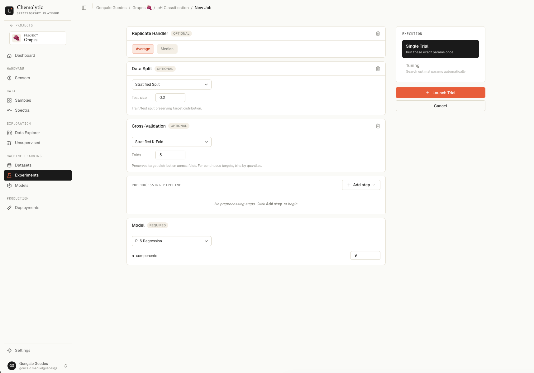 New job page showing job type selector, preprocessing pipeline builder, and model selection