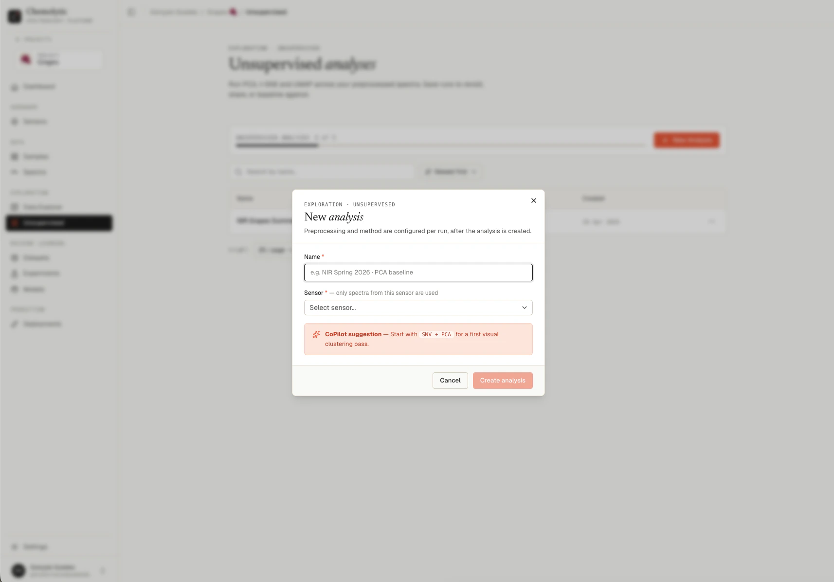 New analysis form with name, sensor selection, and CoPilot suggestion