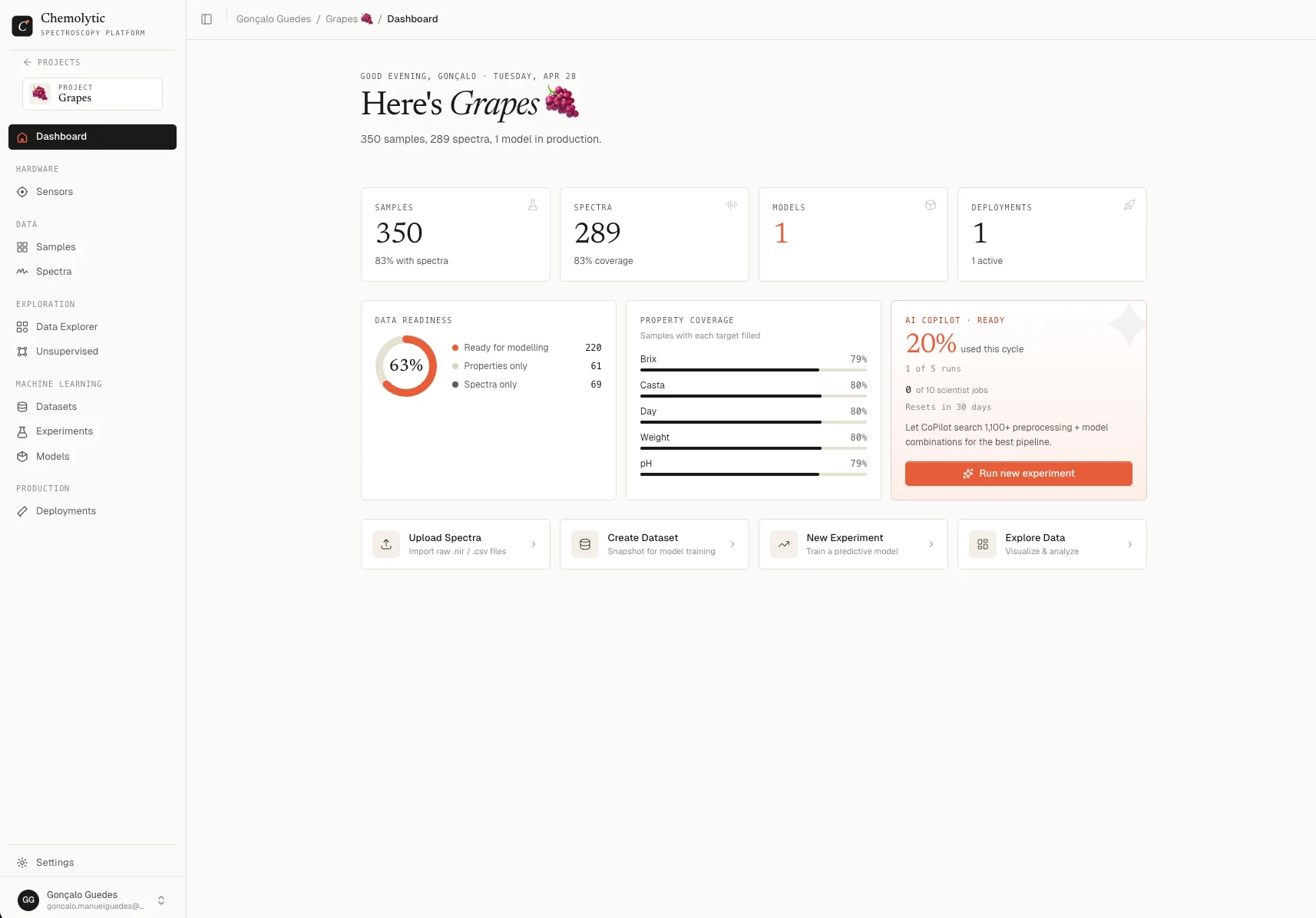 Chemolytic dashboard showing a project workspace with sidebar navigation and sample data