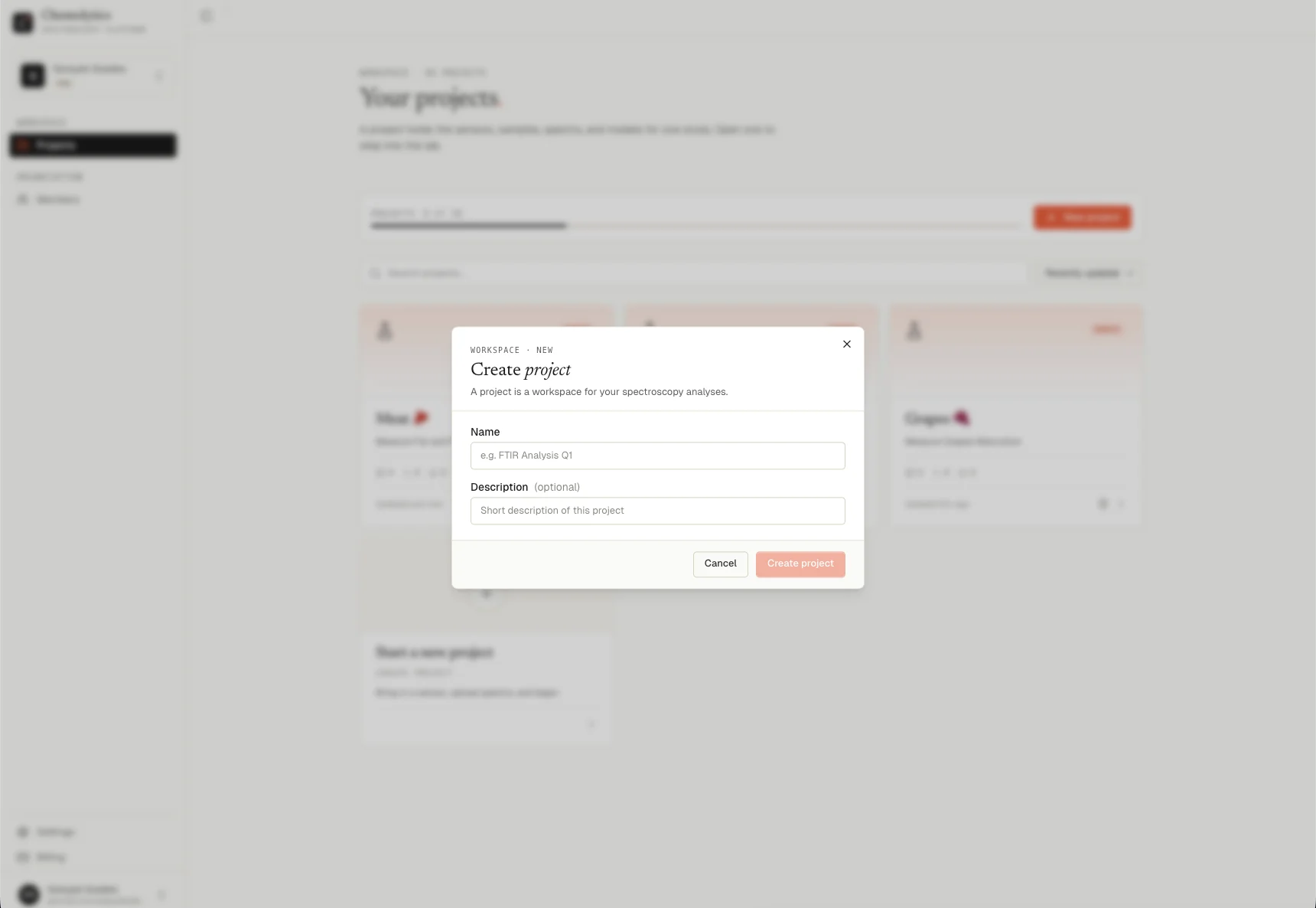New Project dialog with name and description fields