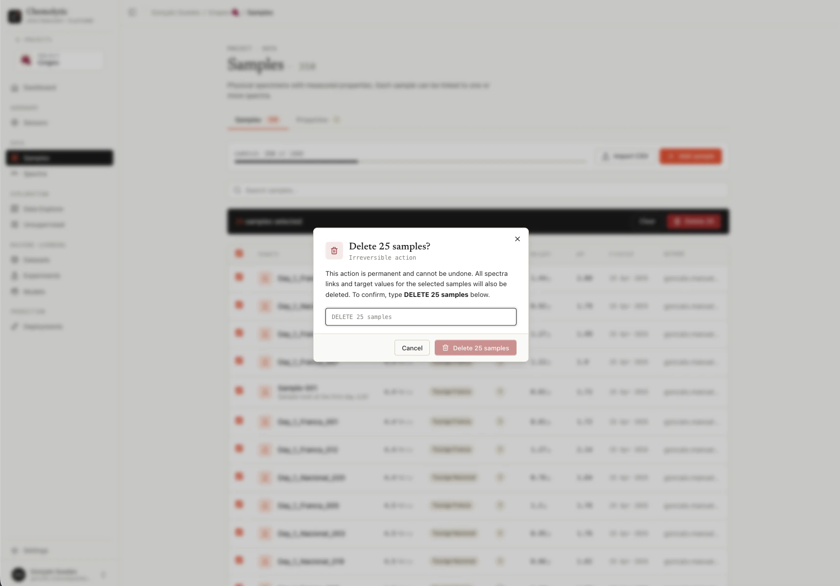 Selection toolbar showing selected sample count and delete button