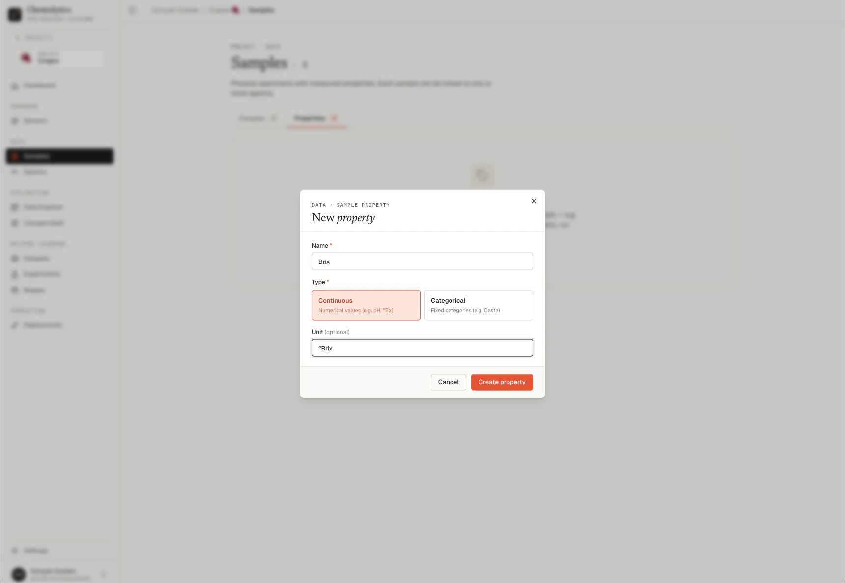 New property dialog with name, type toggle (continuous/categorical), and unit field