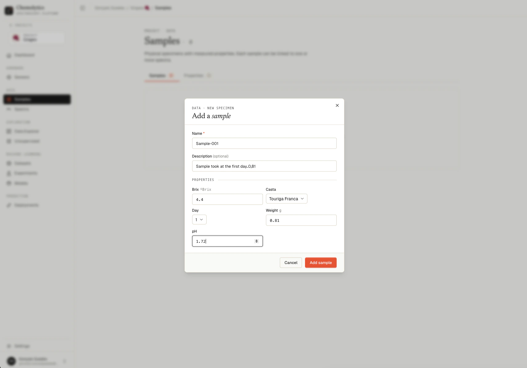 New sample dialog with name field, description, and property value inputs