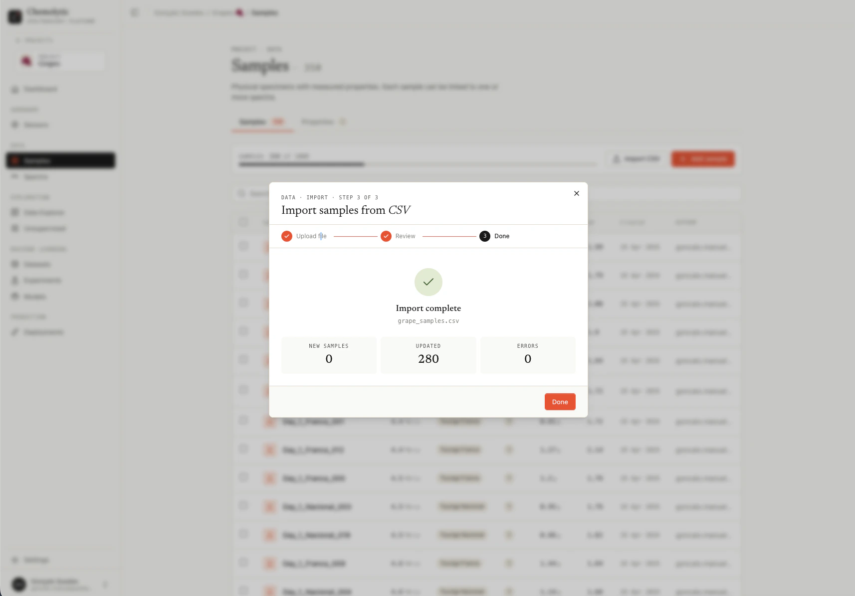 CSV import result showing created and updated counts after a successful import
