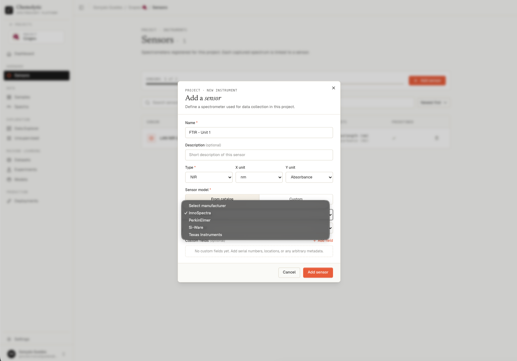Add sensor dialog with From catalog selected, showing manufacturer and model dropdowns