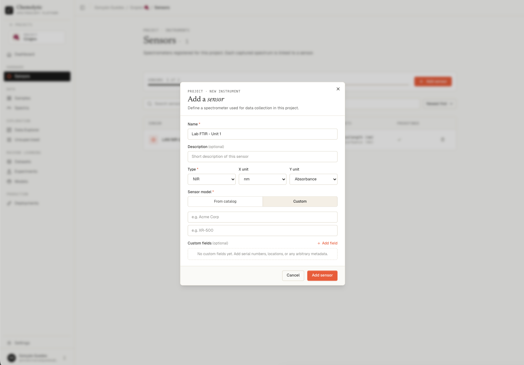 Add sensor dialog with Custom selected, showing manufacturer and model text inputs