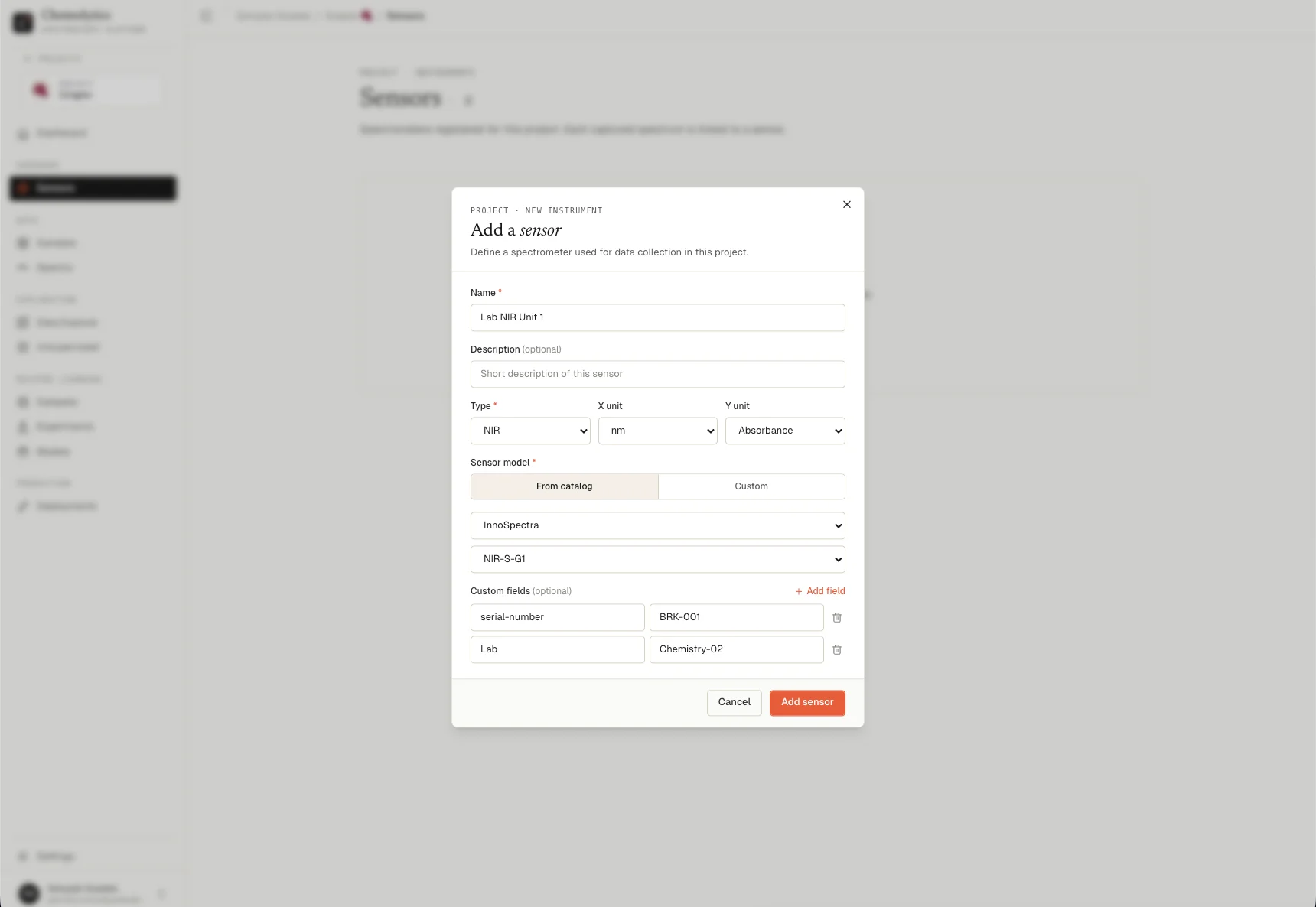 Sensor creation dialog showing catalog selection with NIR, FTIR, Raman, SWIR, UV-Vis options
