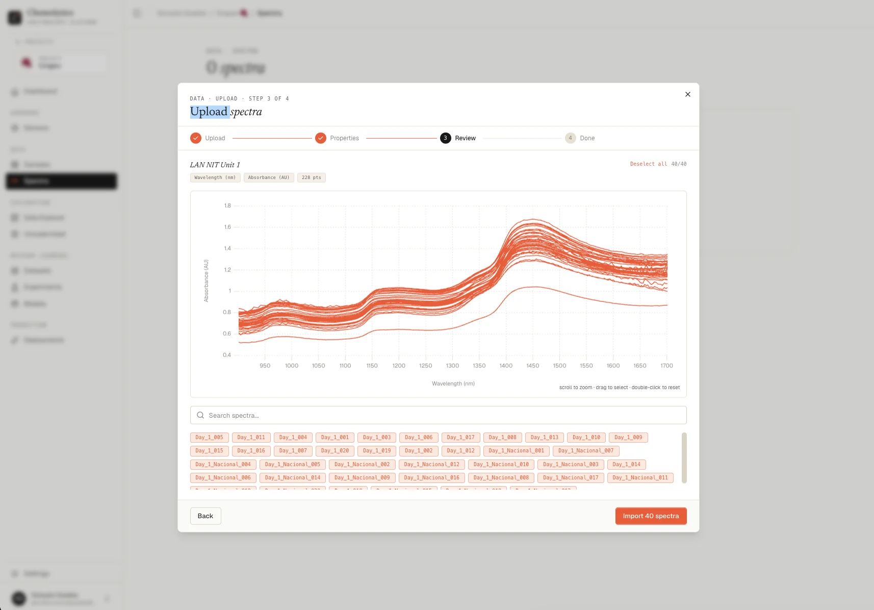 Spectra page showing multiple overlaid spectra on an interactive chart