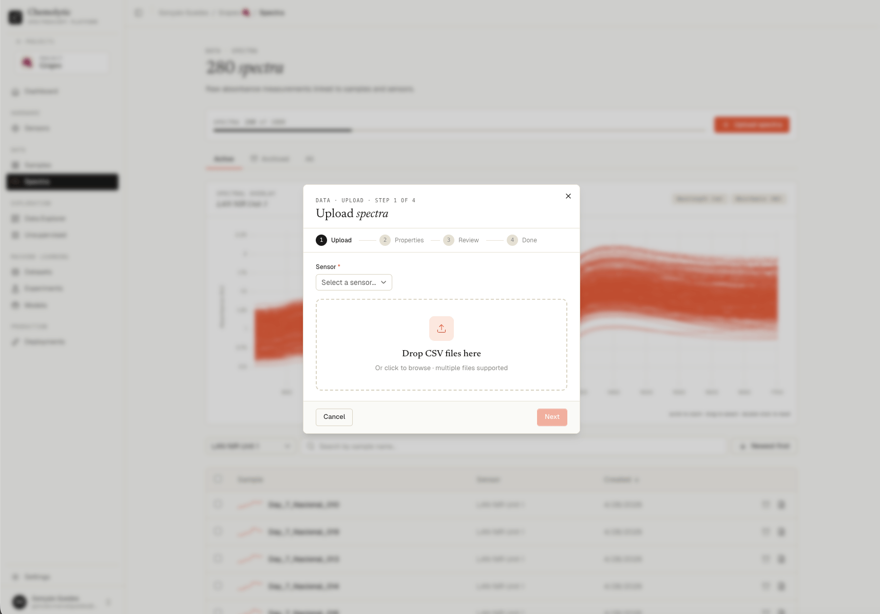 Upload spectra dialog showing sensor picker and CSV file drop zone