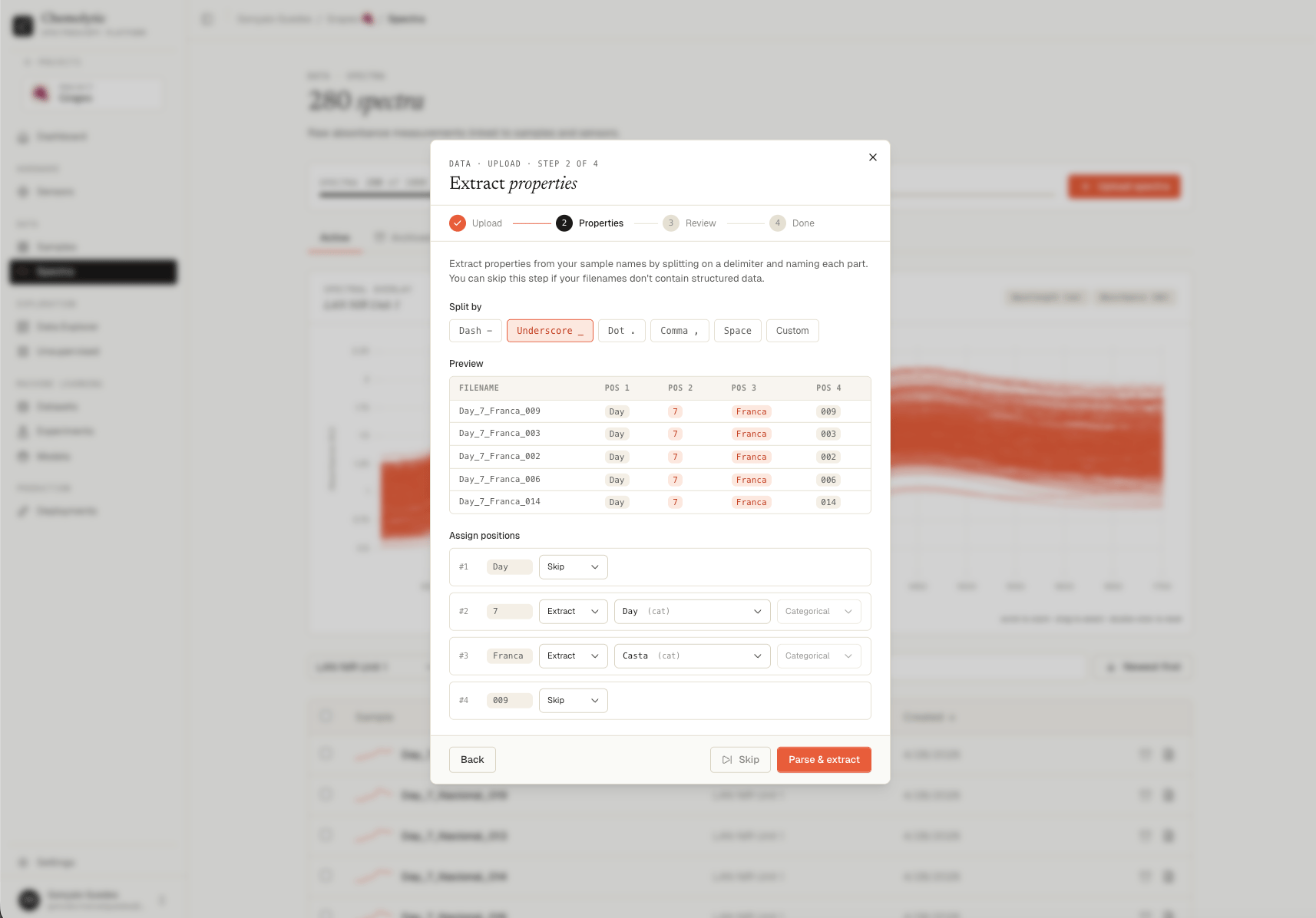 Property extraction step showing delimiter picker and a position assignment table