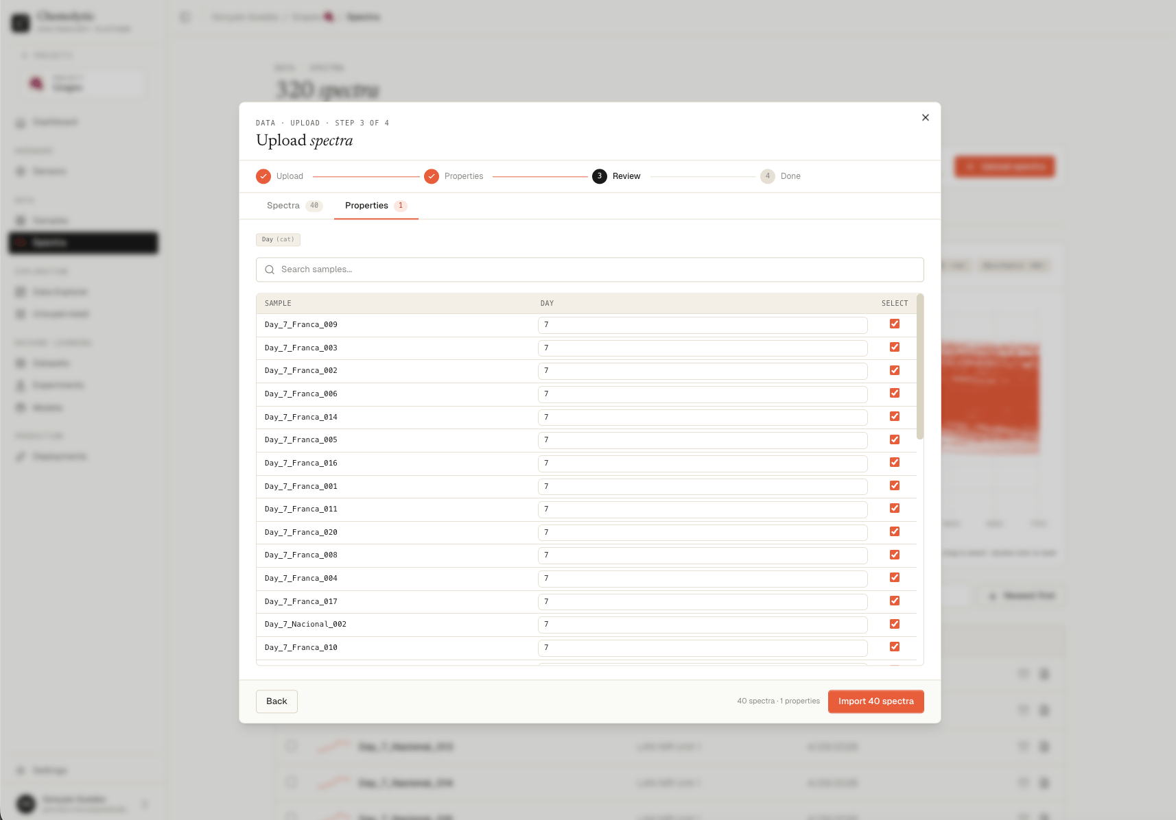Review tab showing extracted property values per sample with editable cells