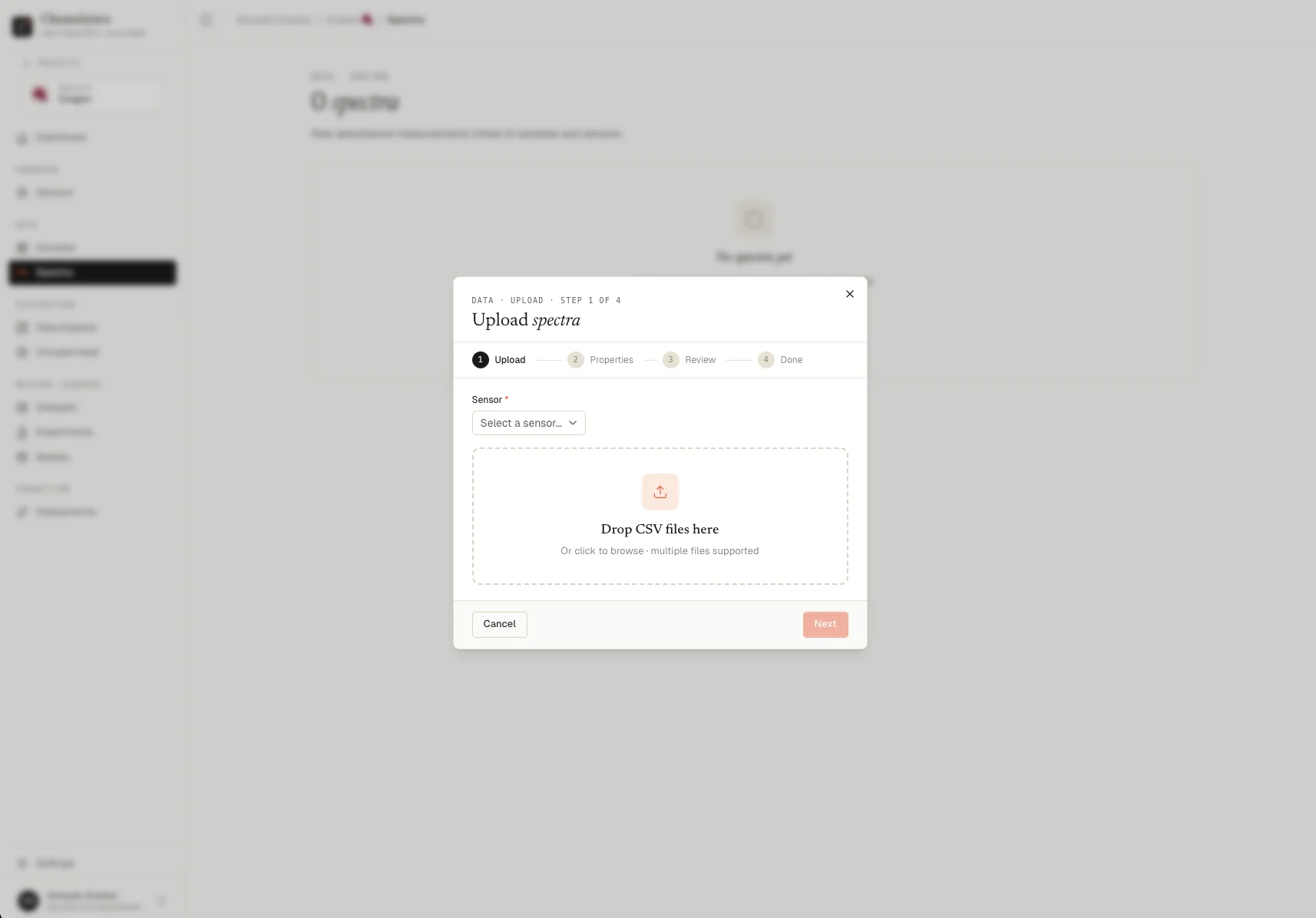 Spectra upload dialog showing file selection and sensor picker