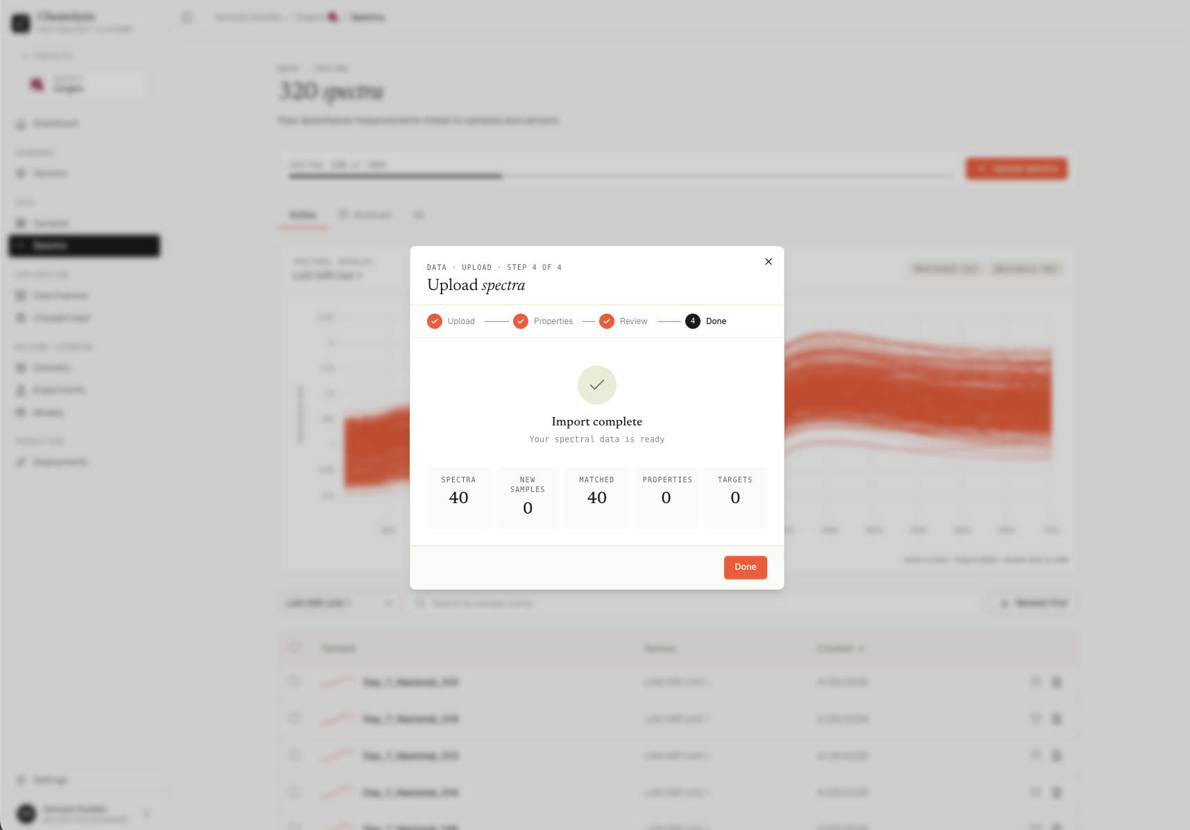 Import complete screen showing summary counts for spectra, samples, matched, properties, and targets