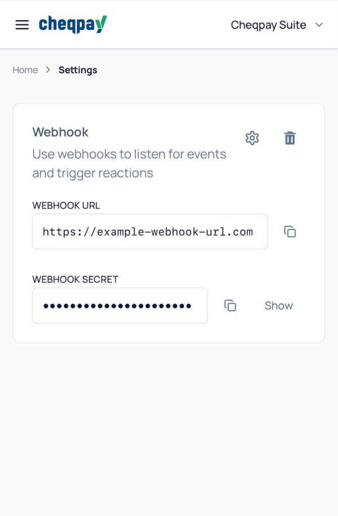 Cheqpay Suite Webhooks settings on mobile showing webhook URL and secret fields