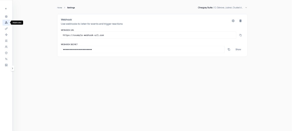 Cheqpay Suite Webhooks settings showing webhook URL and secret fields