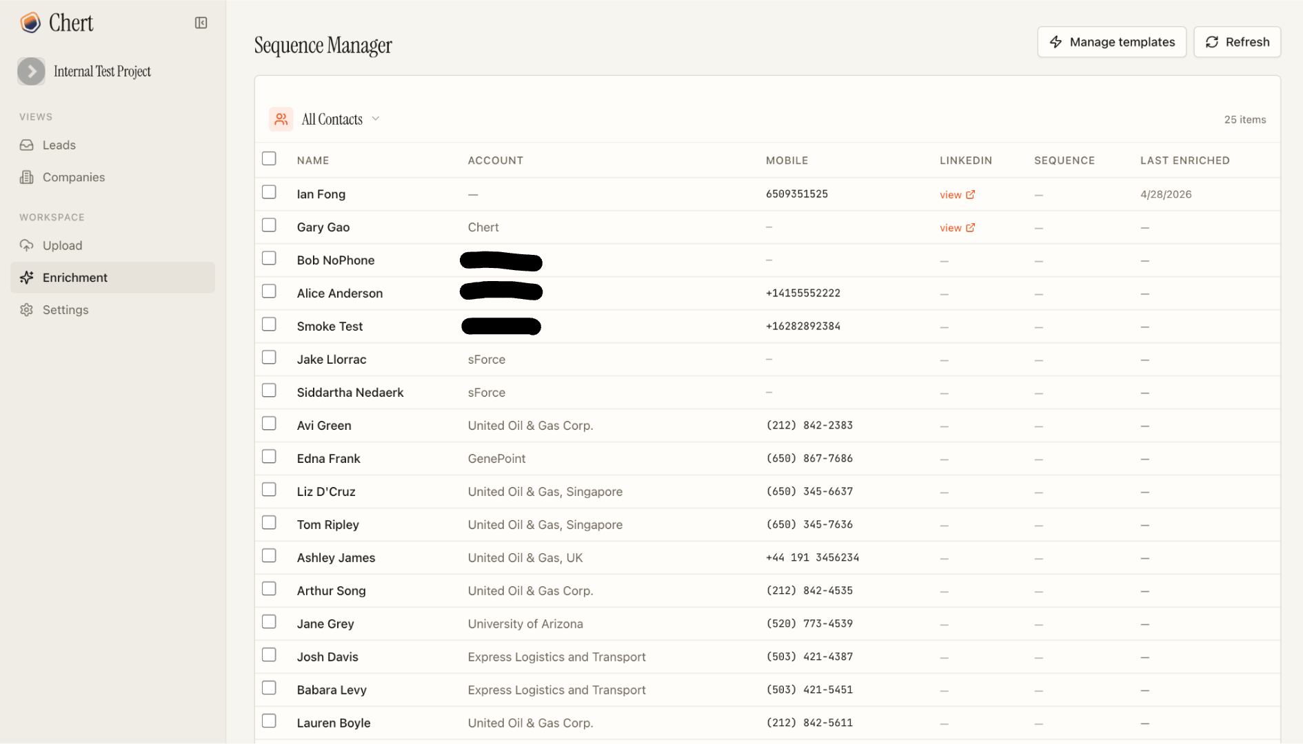 The Chert console enrichment dashboard with a list of contacts ready for bulk phone-number enrichment